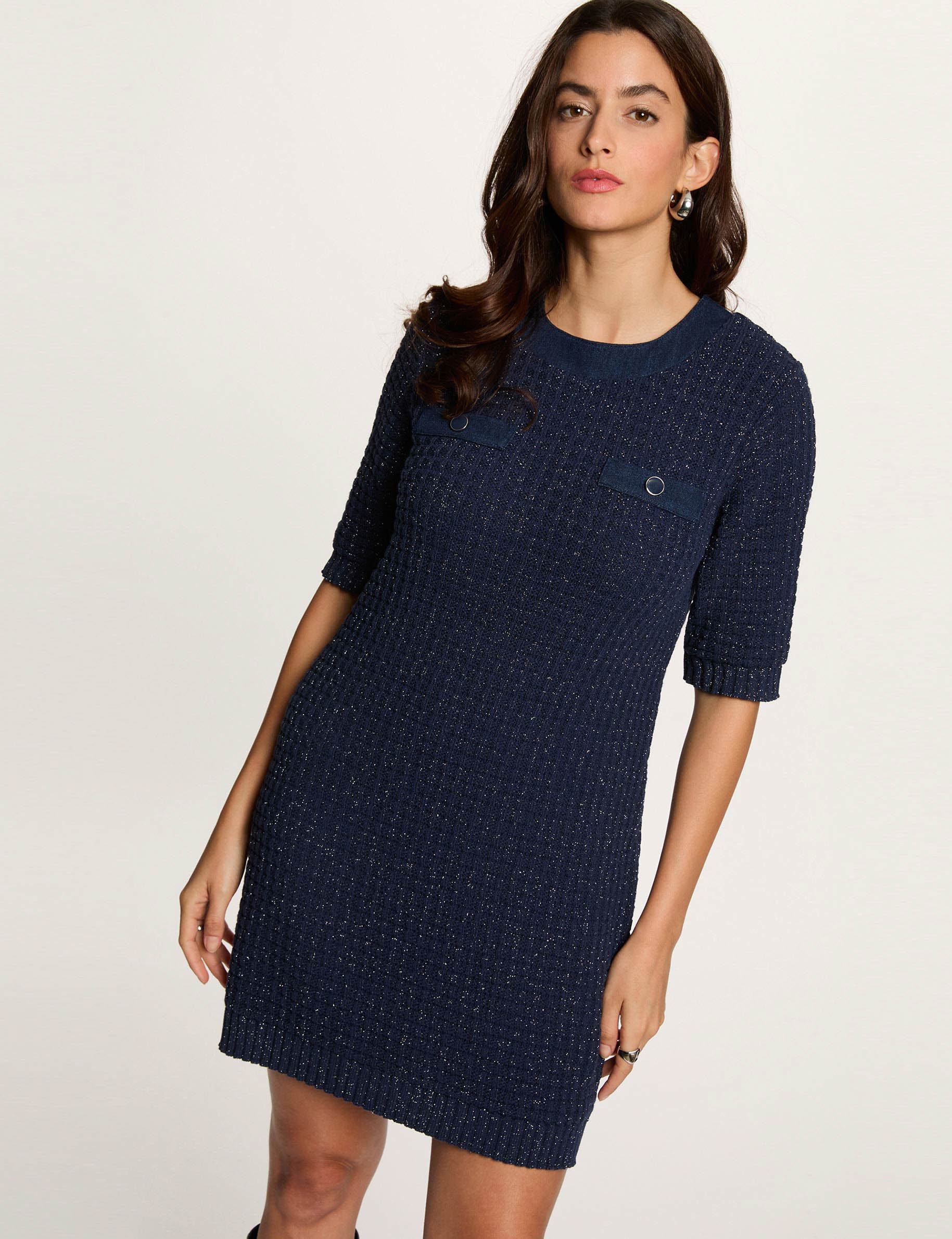 Gebreide jurk met ronde hals marineblauw vrouw