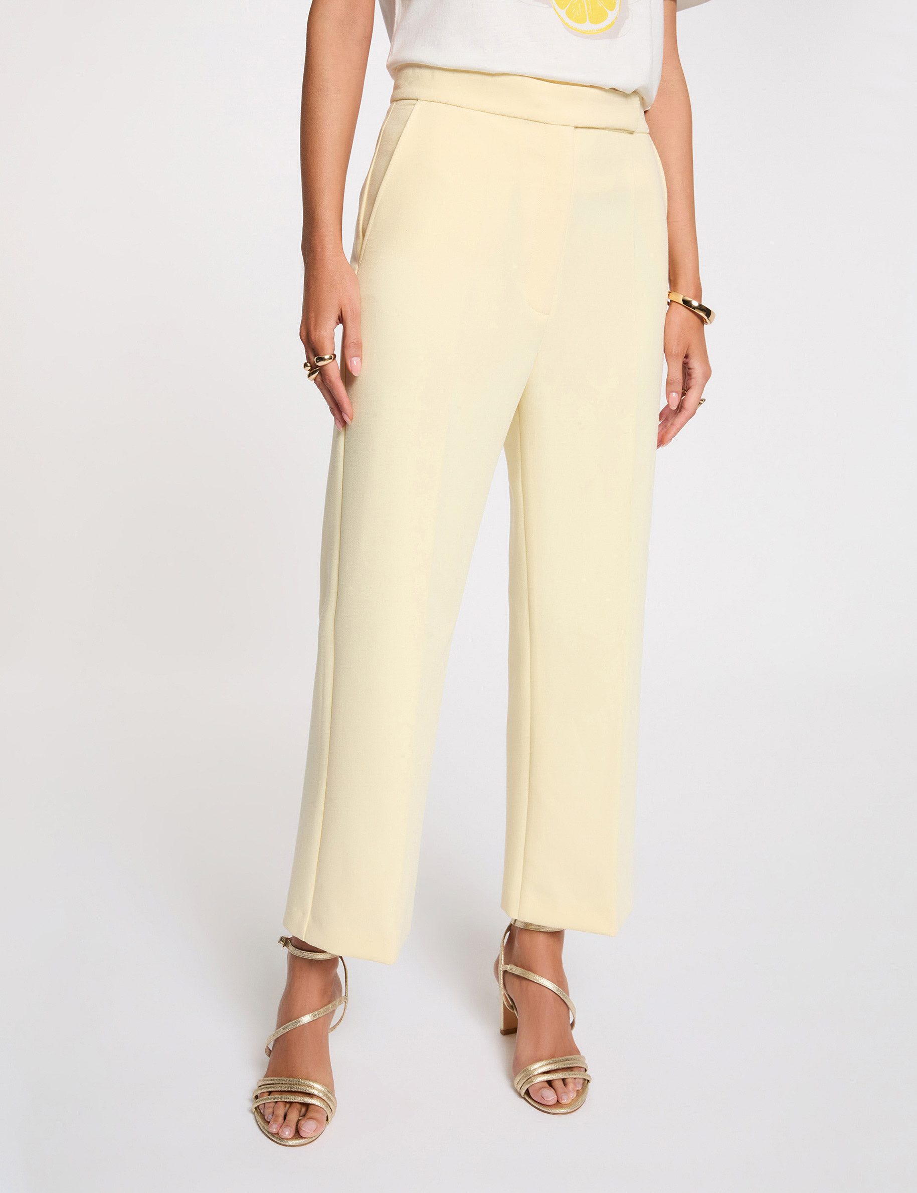 Pantalon droit taille haute jaune pastel femme