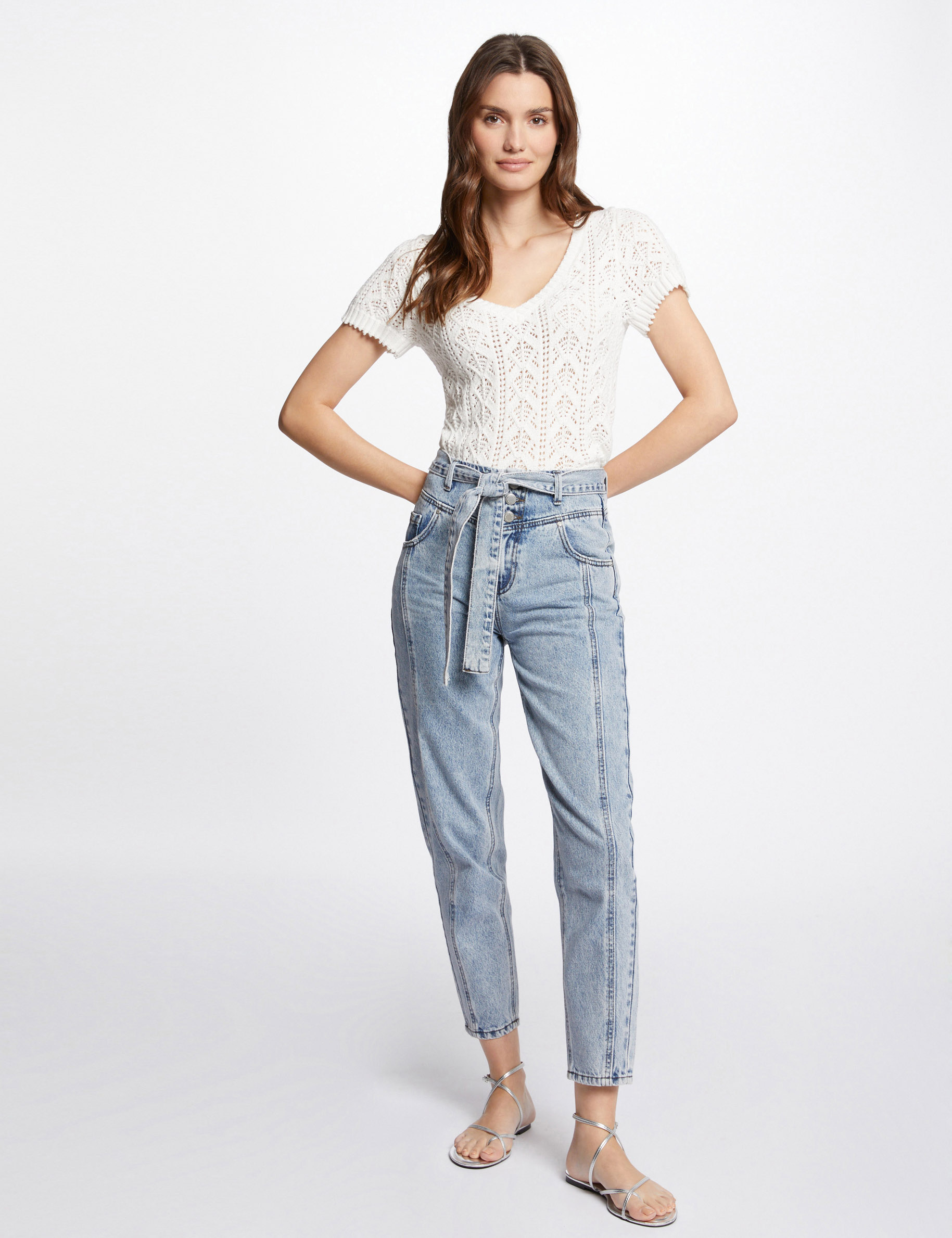 Jeans regular ceinturé 7/8ème jean bleached femme