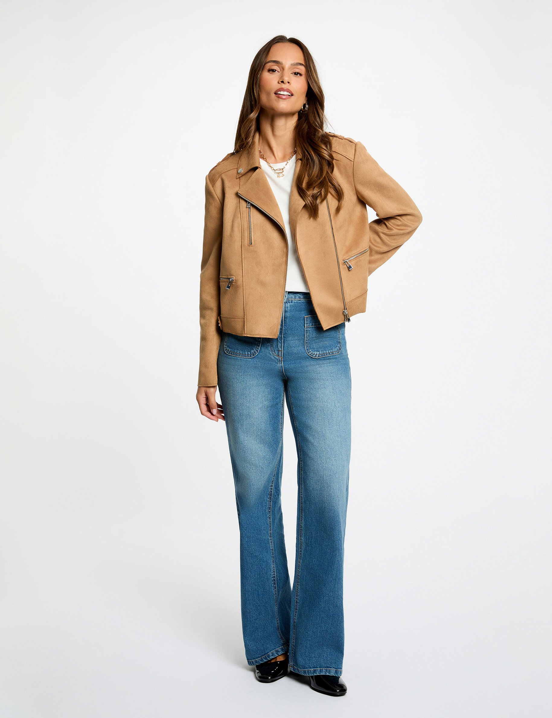 Veste courte su&eacute;dine marron cognac femme