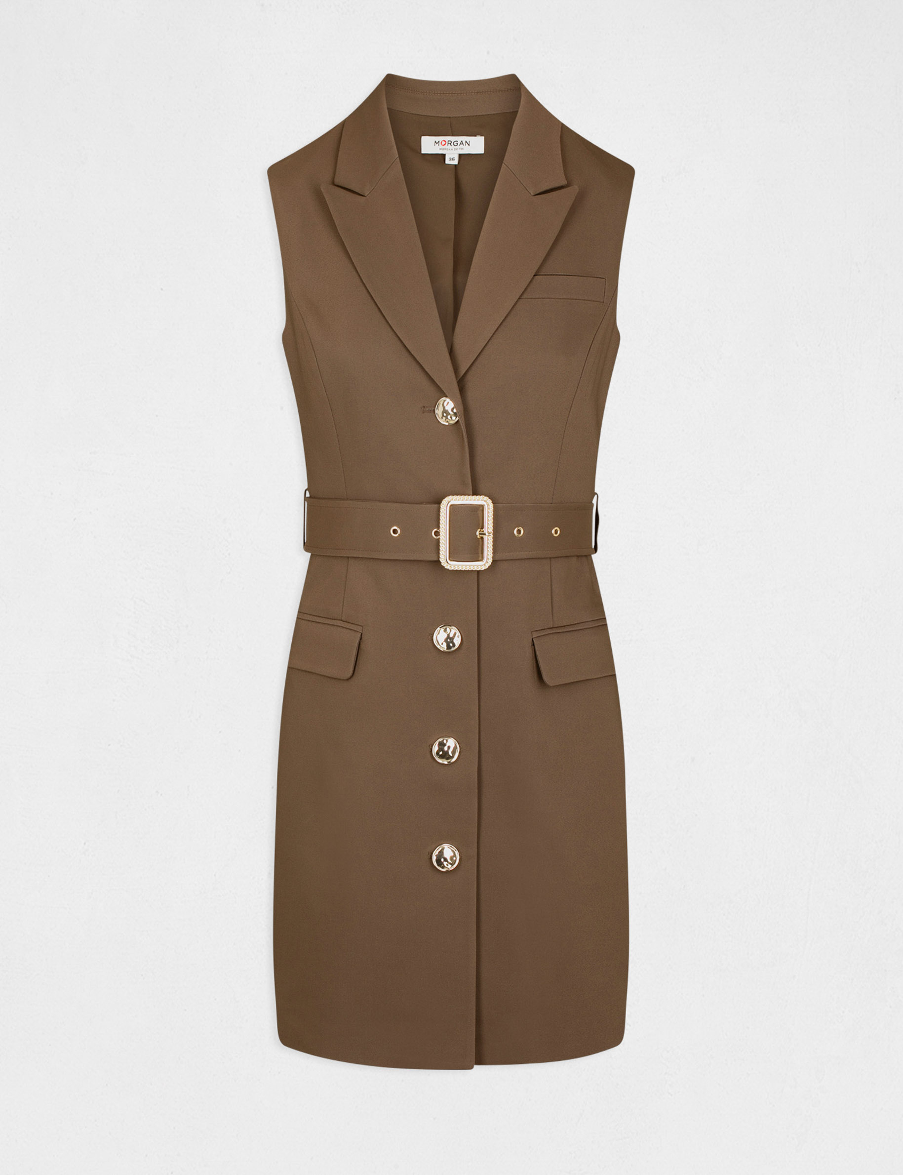 Mouwloze rechte jurk met knopen brons vrouw