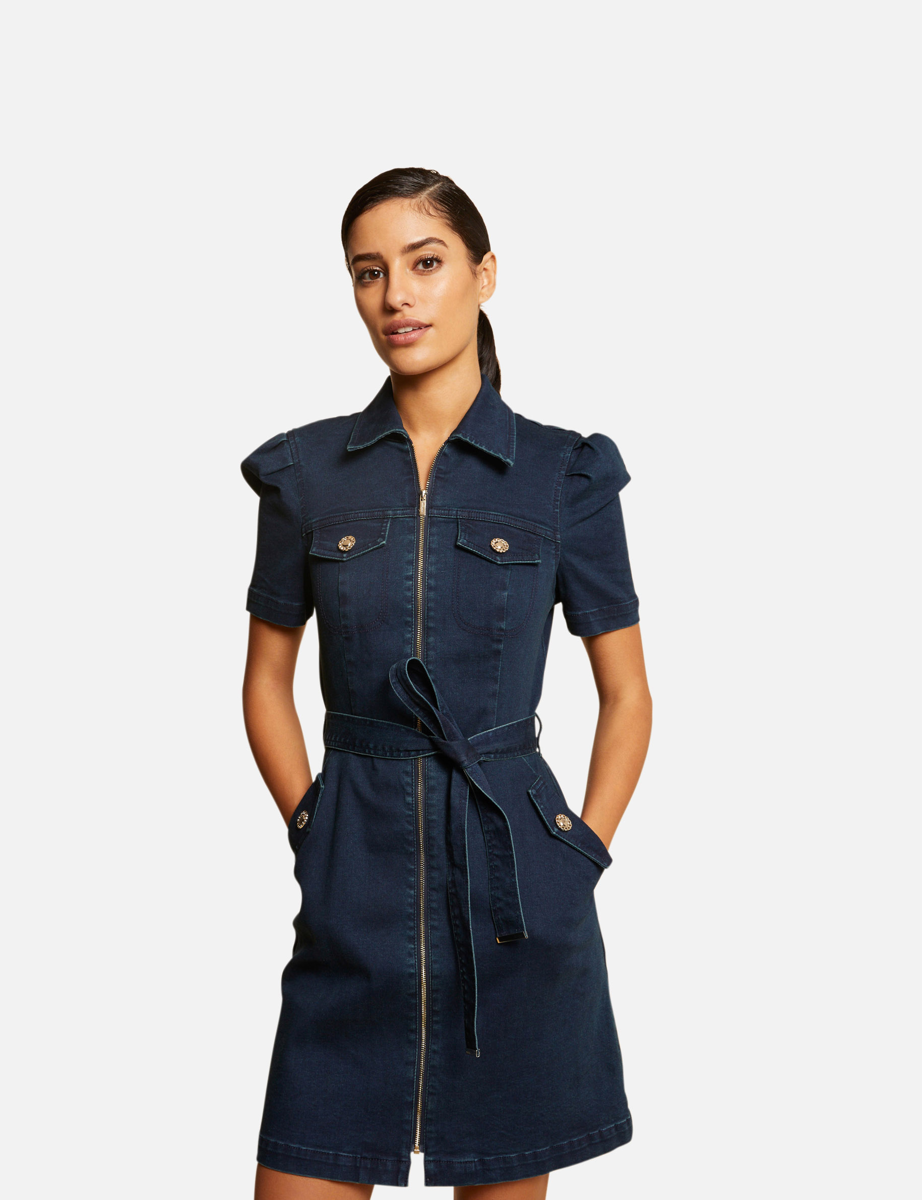 Robe droite zippée ceinturée en jean jean brut femme