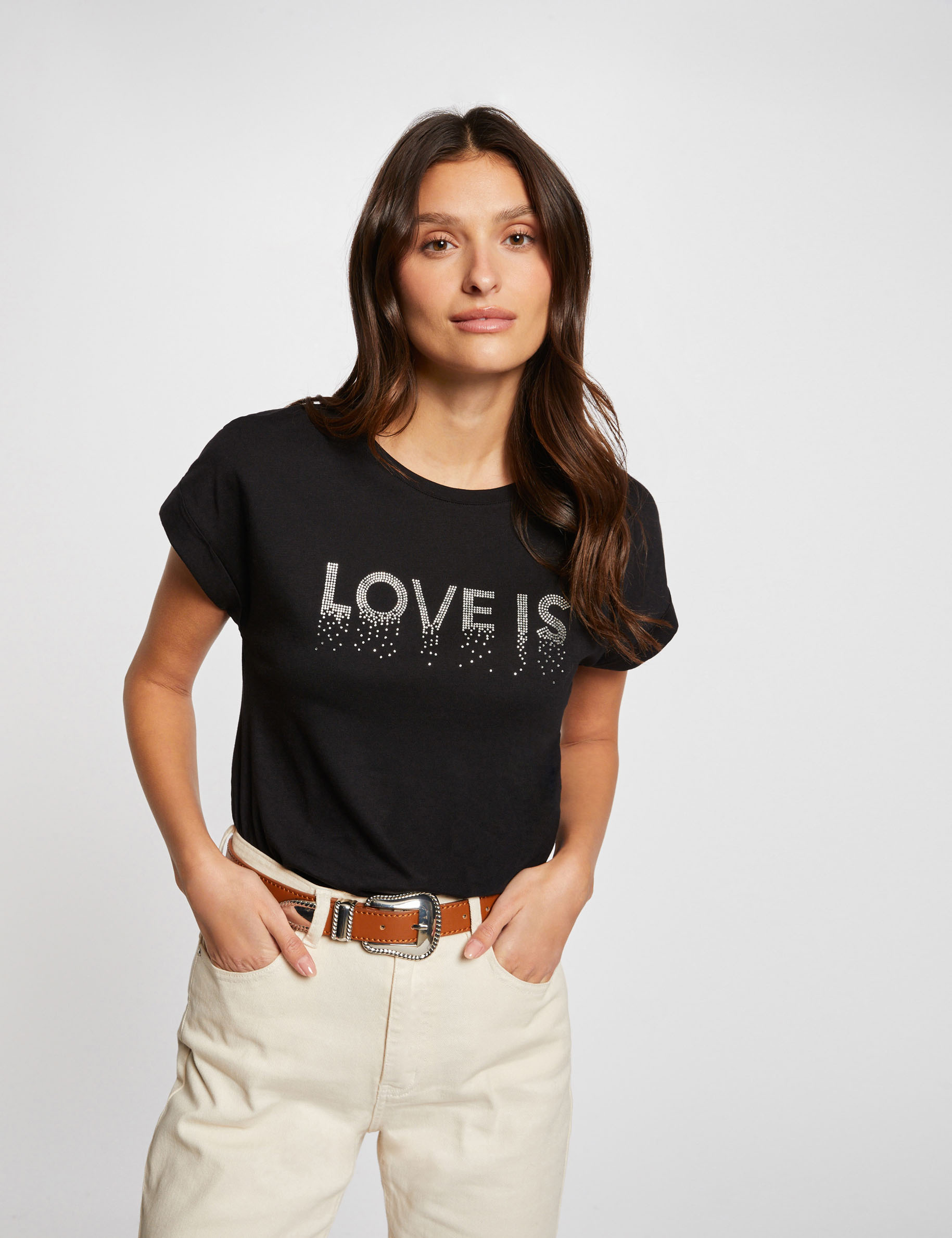 T-shirt inscription et strass noir femme