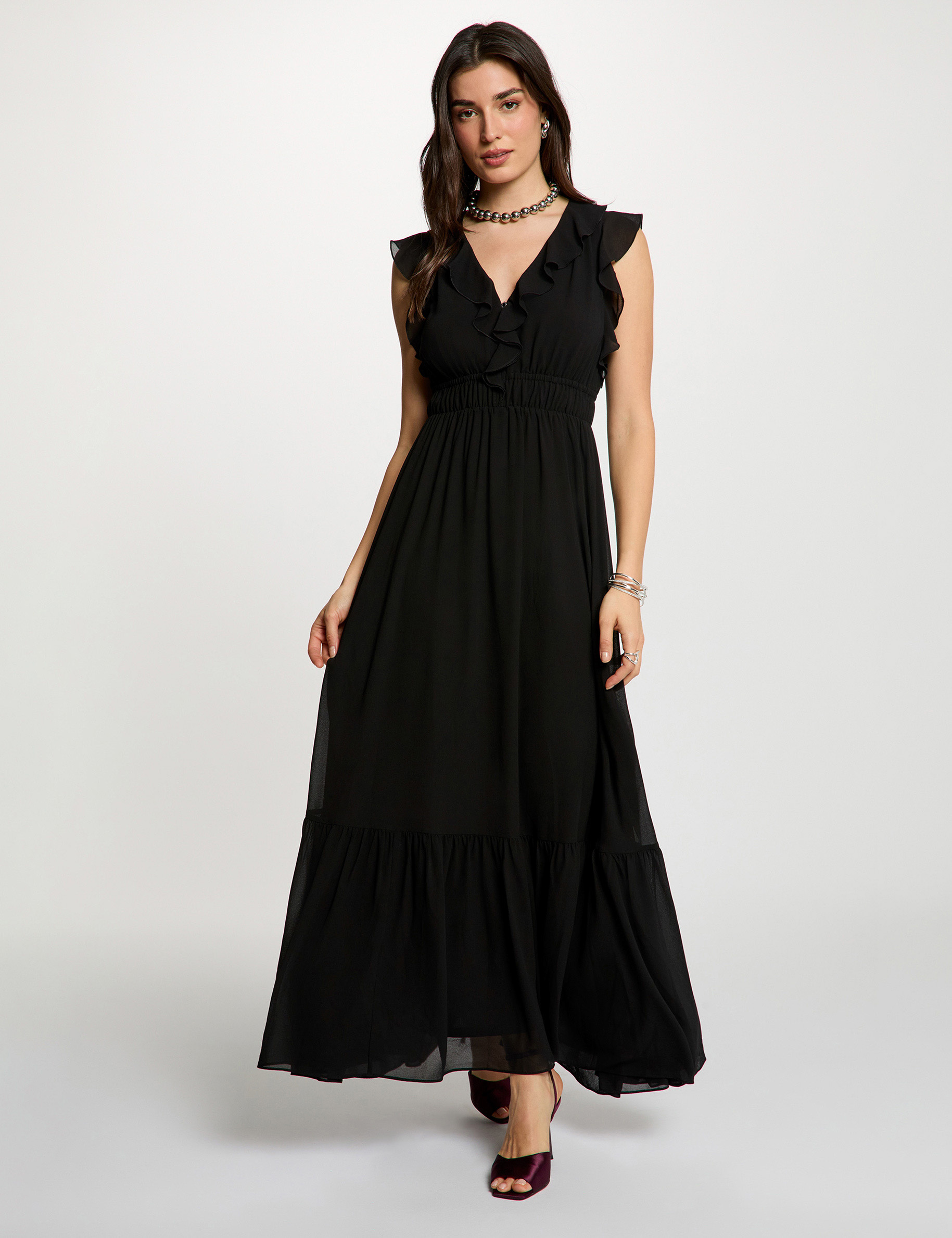 Robe longue col v noir femme