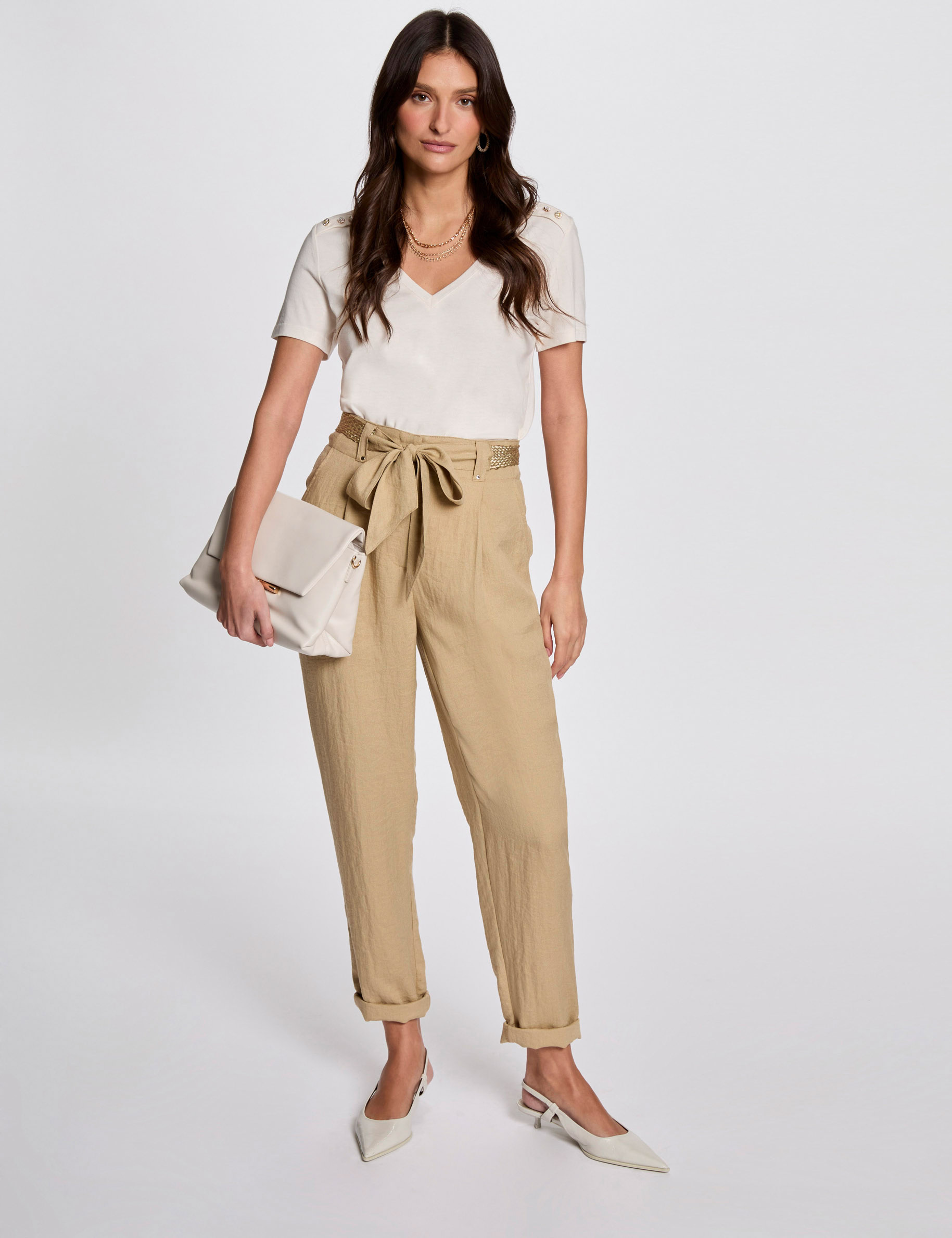 pantalon carotte ceinture beige femme Pantalon carotte ceinturé beige femme