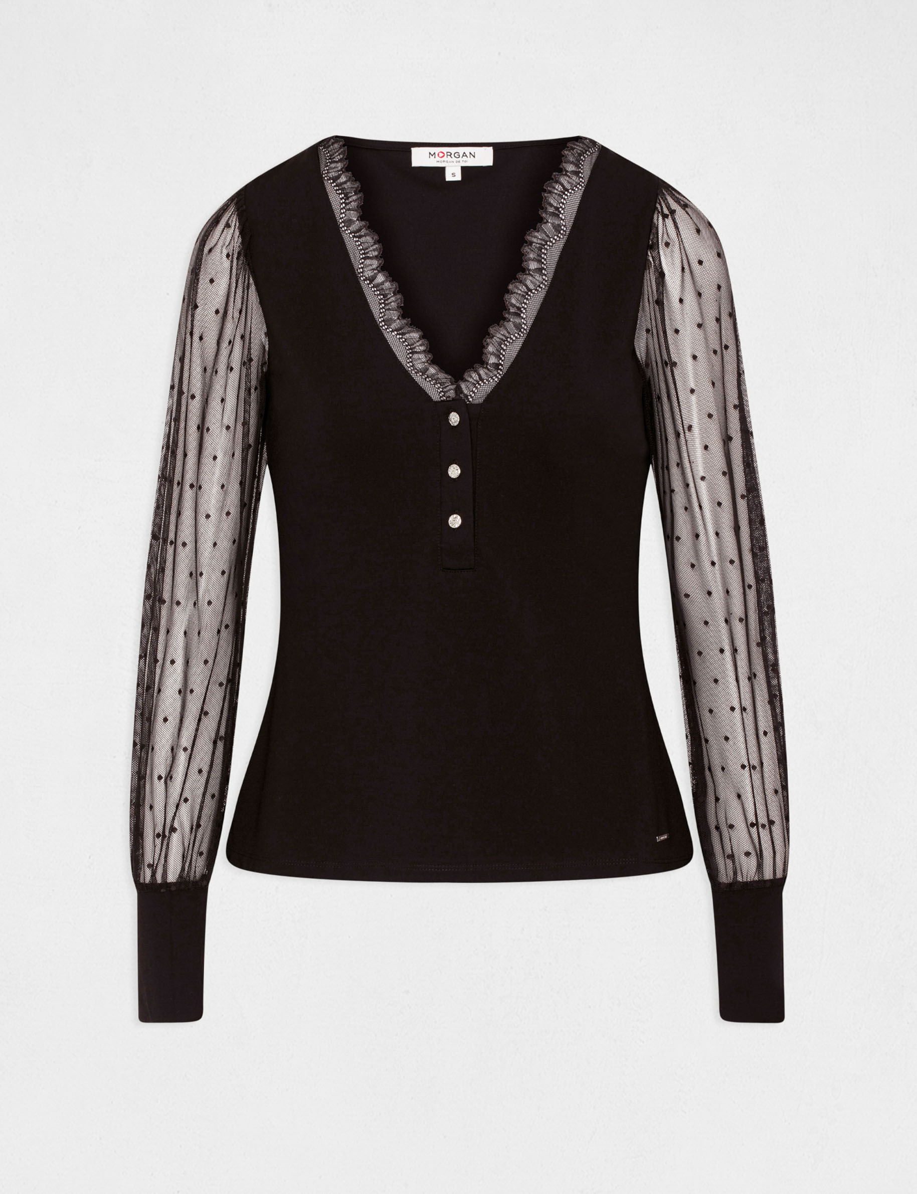 T-shirt manches longues en plumetis noir femme