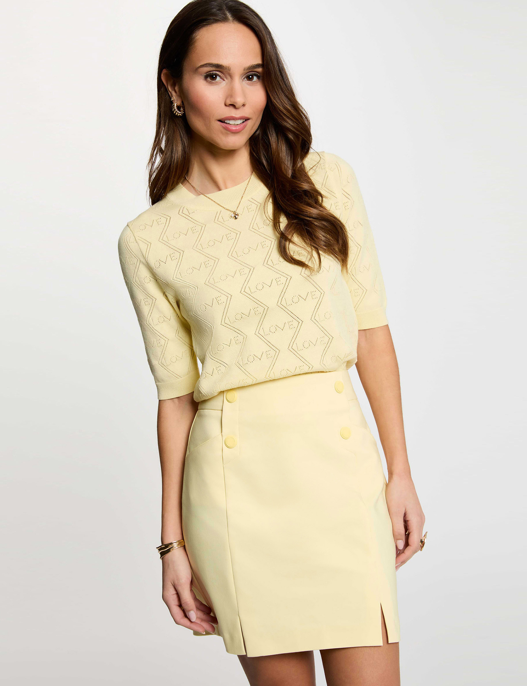 Jupe courte &agrave; boutons jaune clair femme