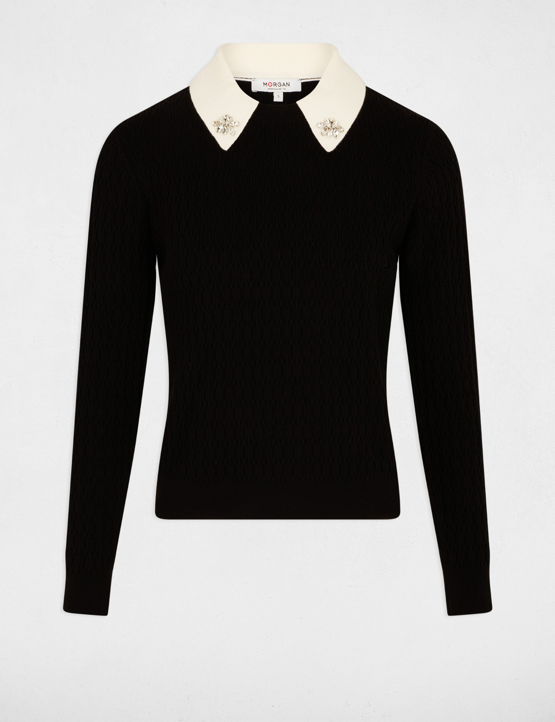 Pull ajusté col chemise noir femme