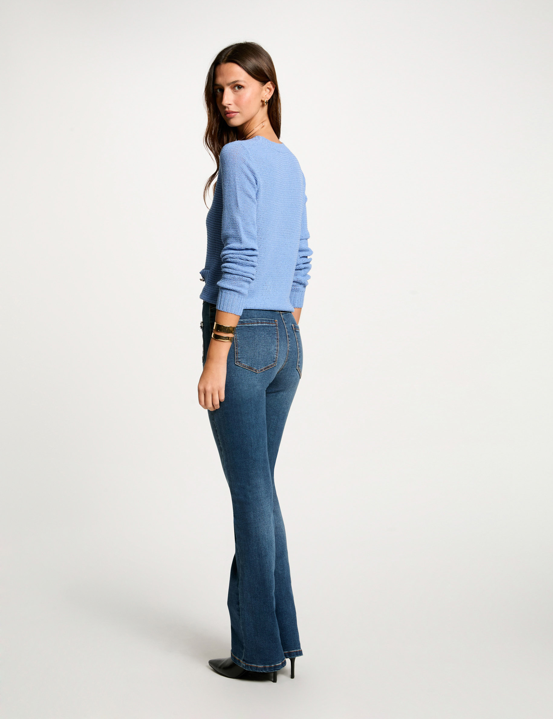 pull col rond ajoure bleu gris femme Pull col rond ajouré bleu gris femme