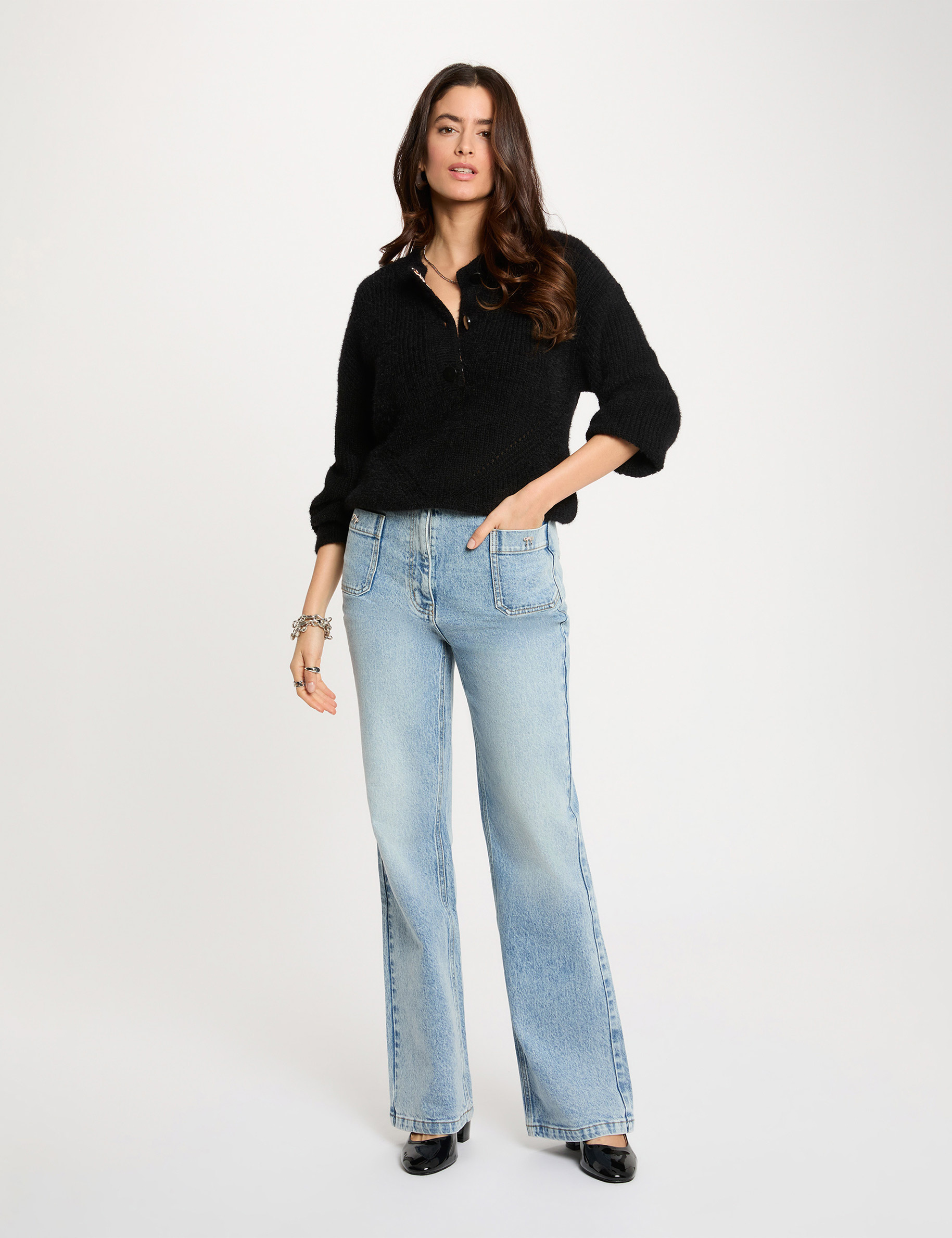 Pull droit col rond noir femme