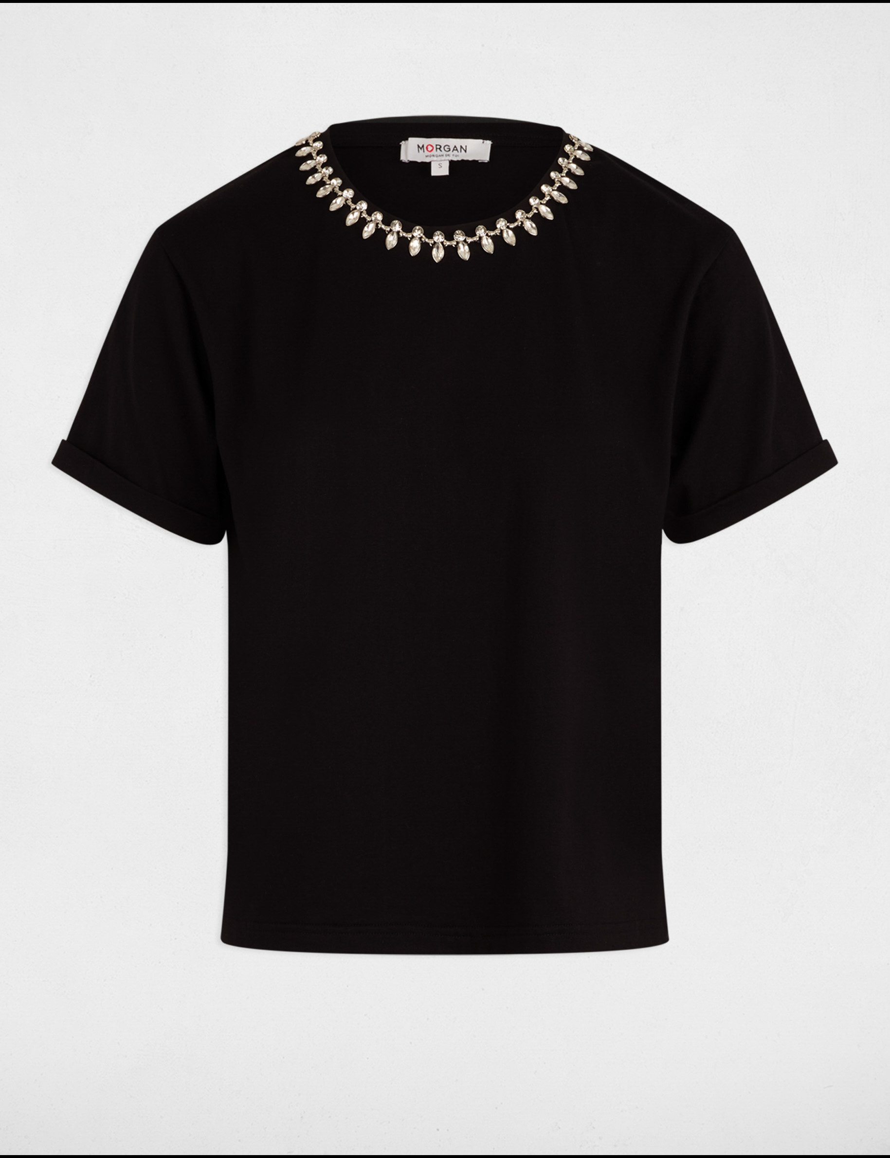 T-shirt manches courtes bijoux noir femme