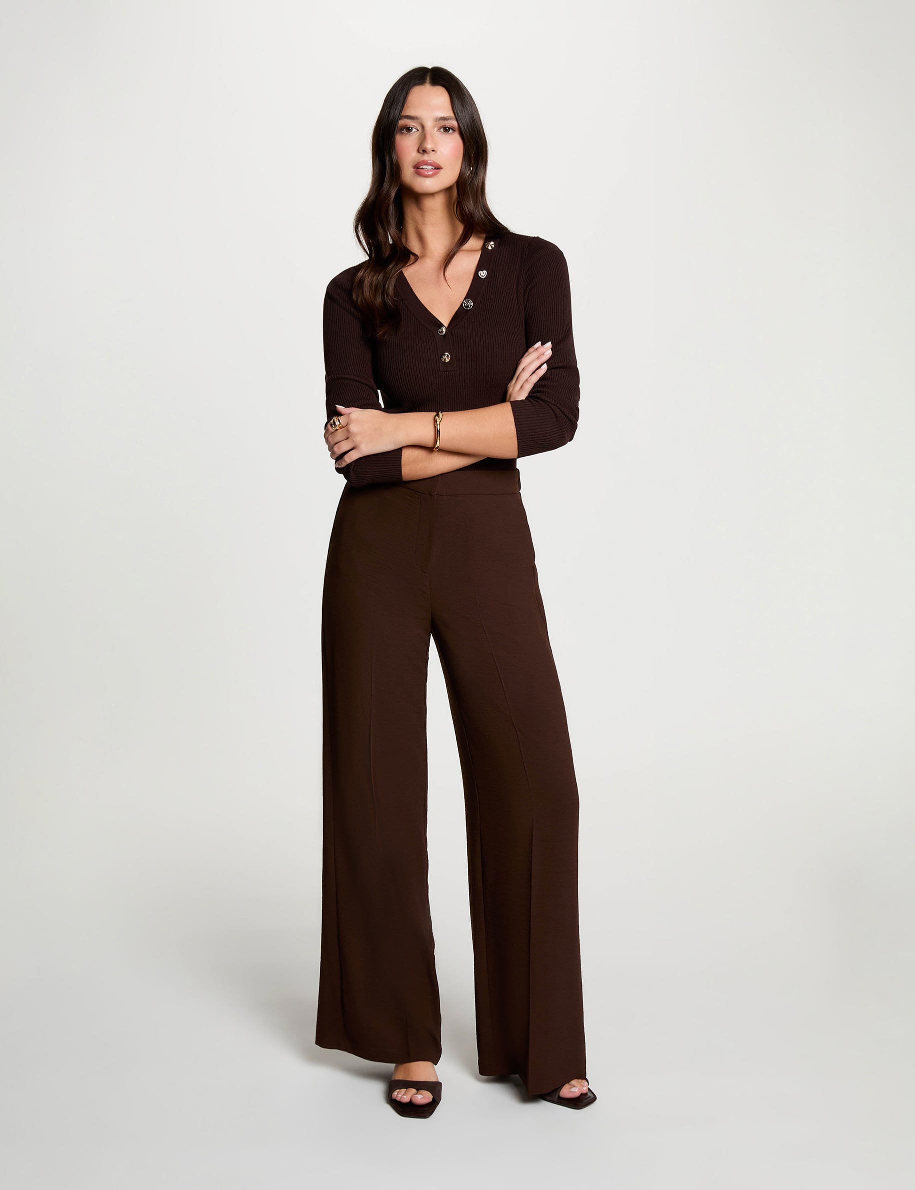 Pull col v fantaisie marron fonc&eacute; femme