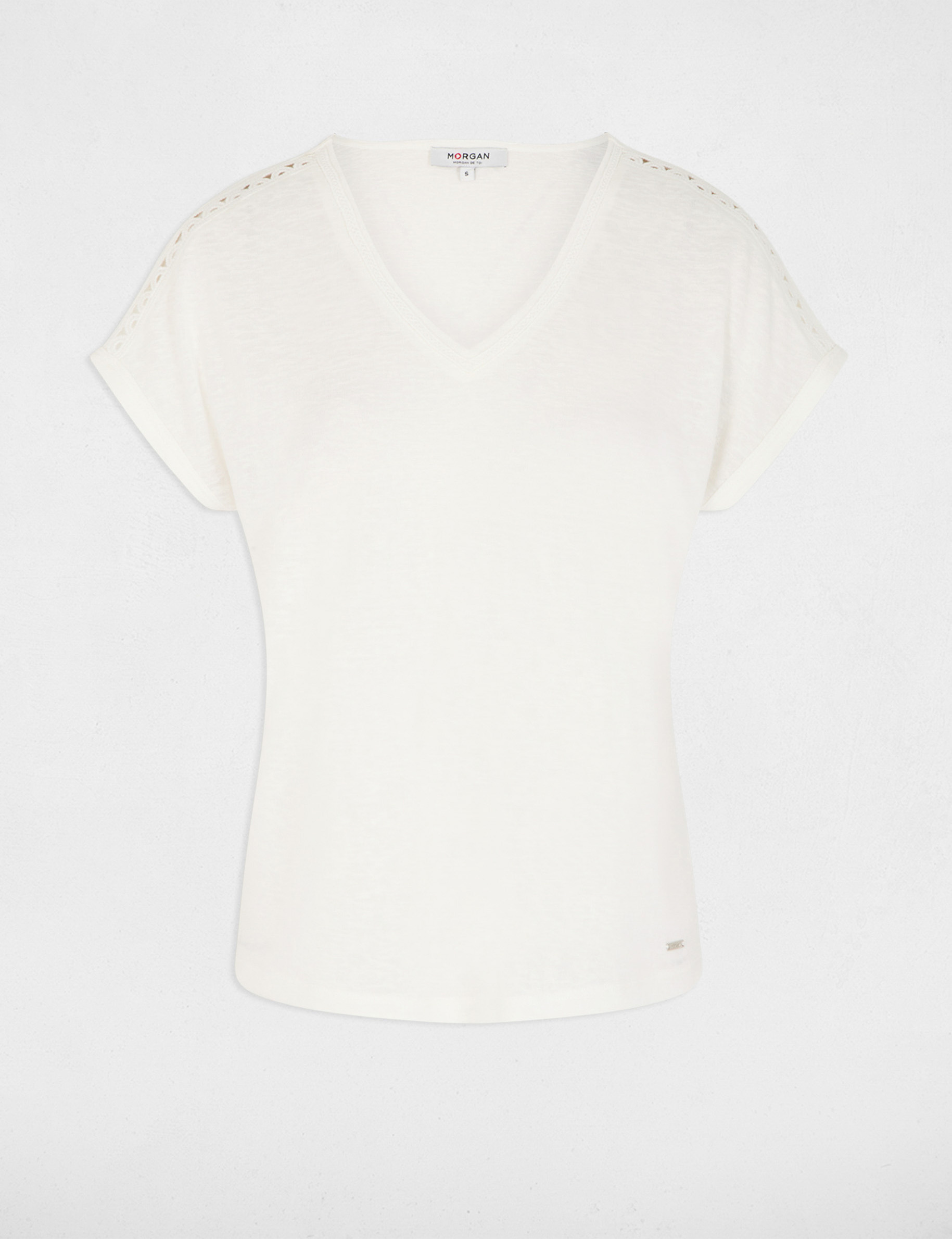 T-shirt met V-hals en korte mouwen helder wit vrouw