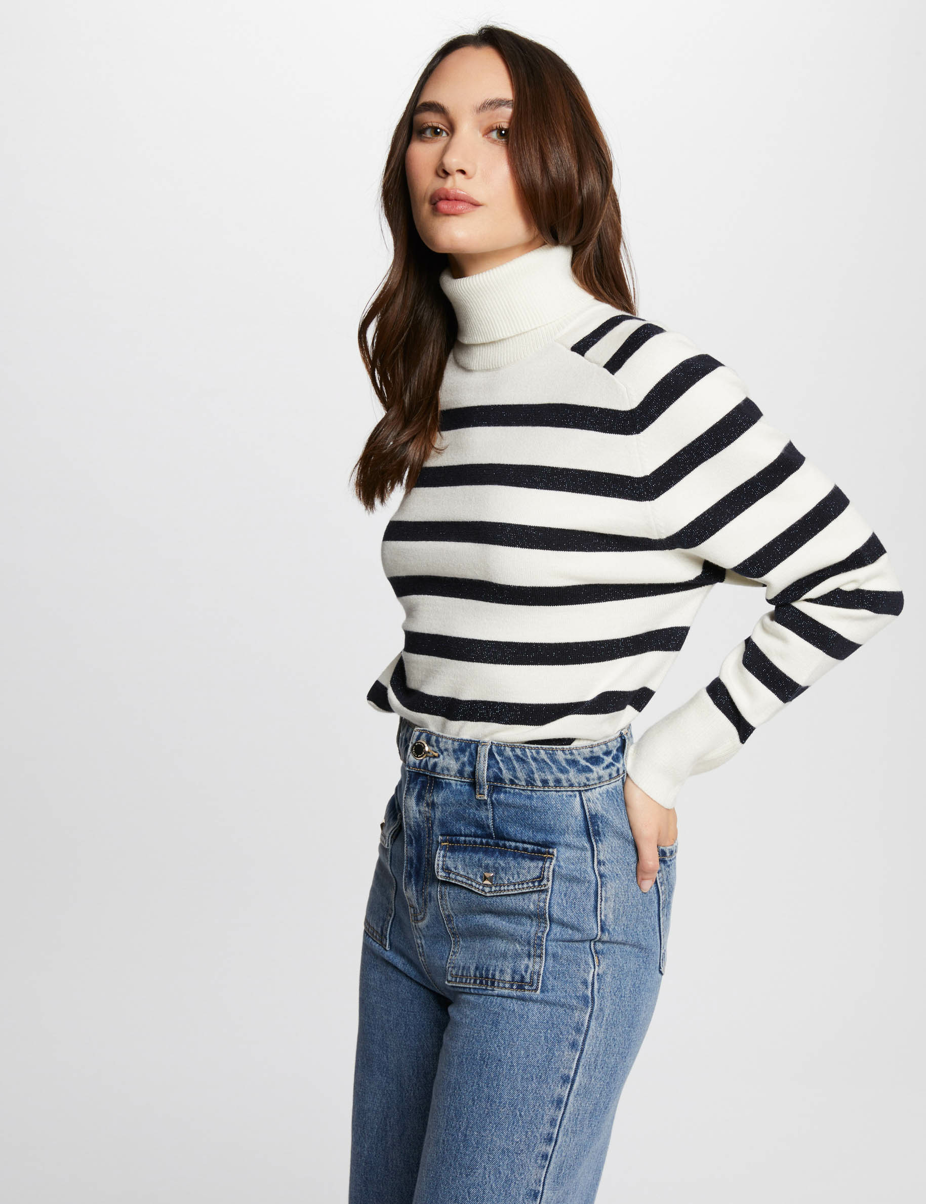 pull col roule a rayures ivoire femme Pull col roulé à rayures ivoire femme