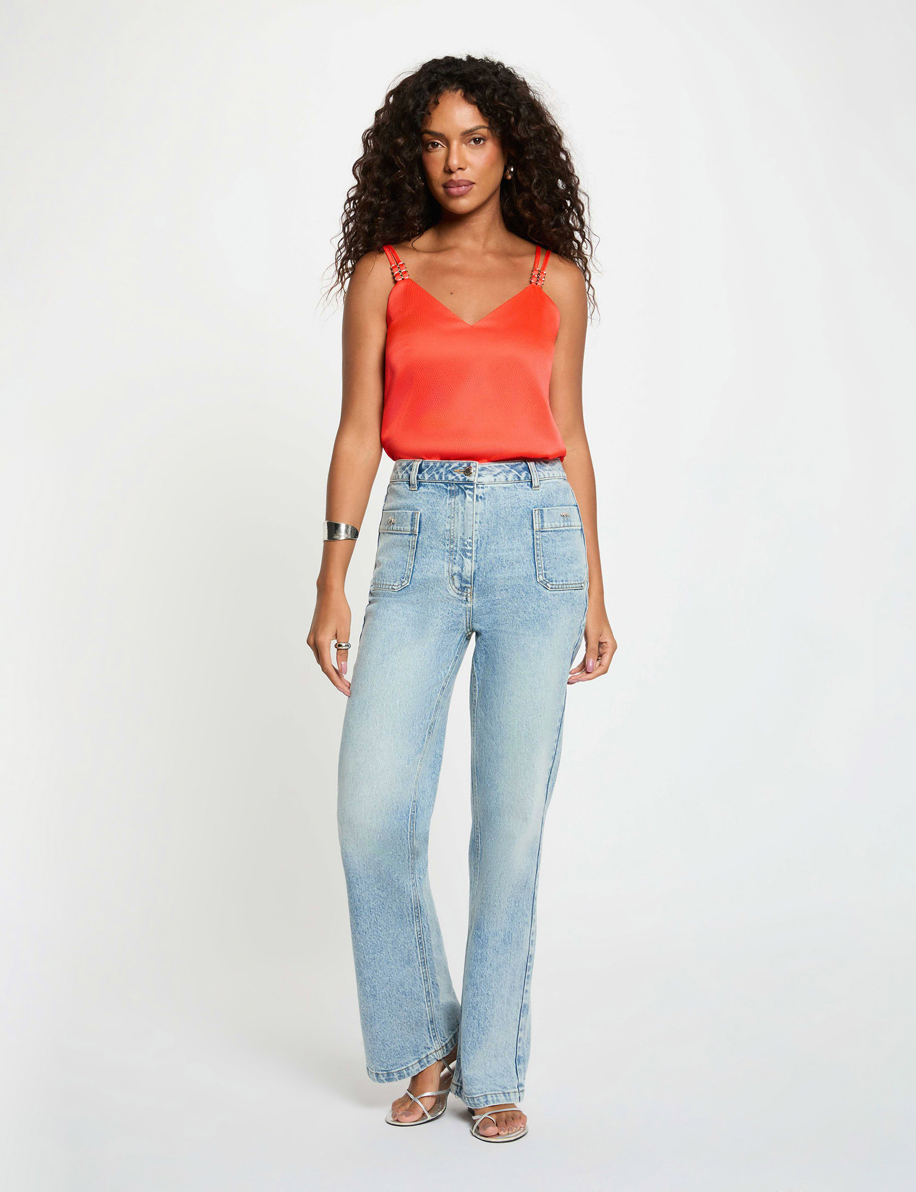 Top satin &agrave; bretelles rouge vif femme