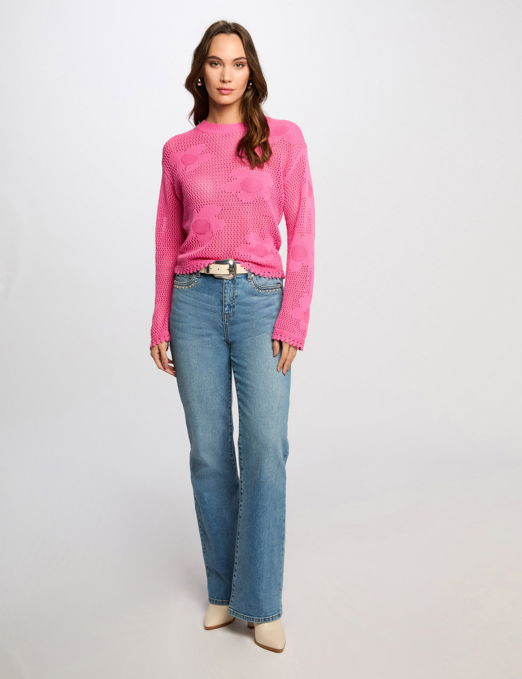 trui met ronde hals en ajour roze vrouw Trui met ronde hals en ajour roze vrouw