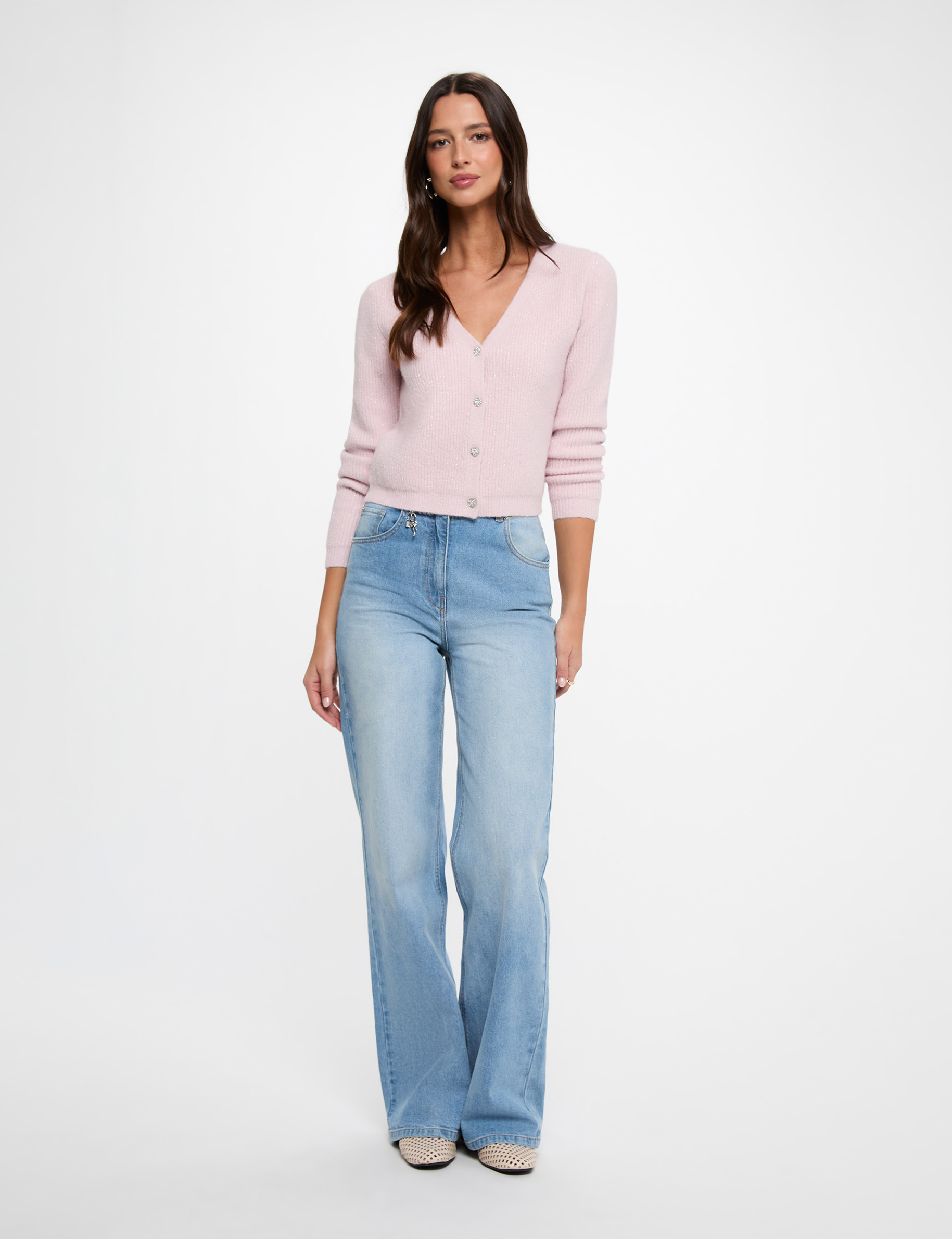 Gilet col en V rose pastel femme