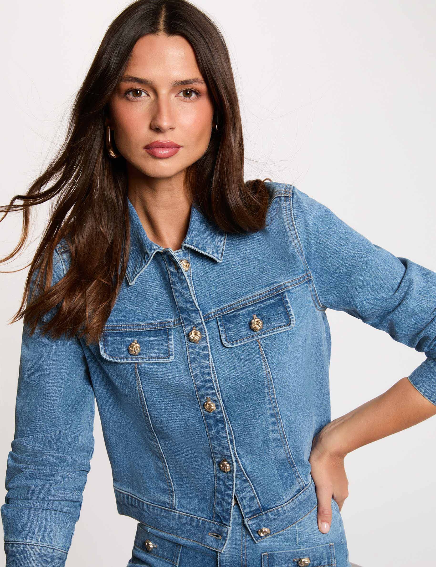 Veste jean cropped denim stone femme