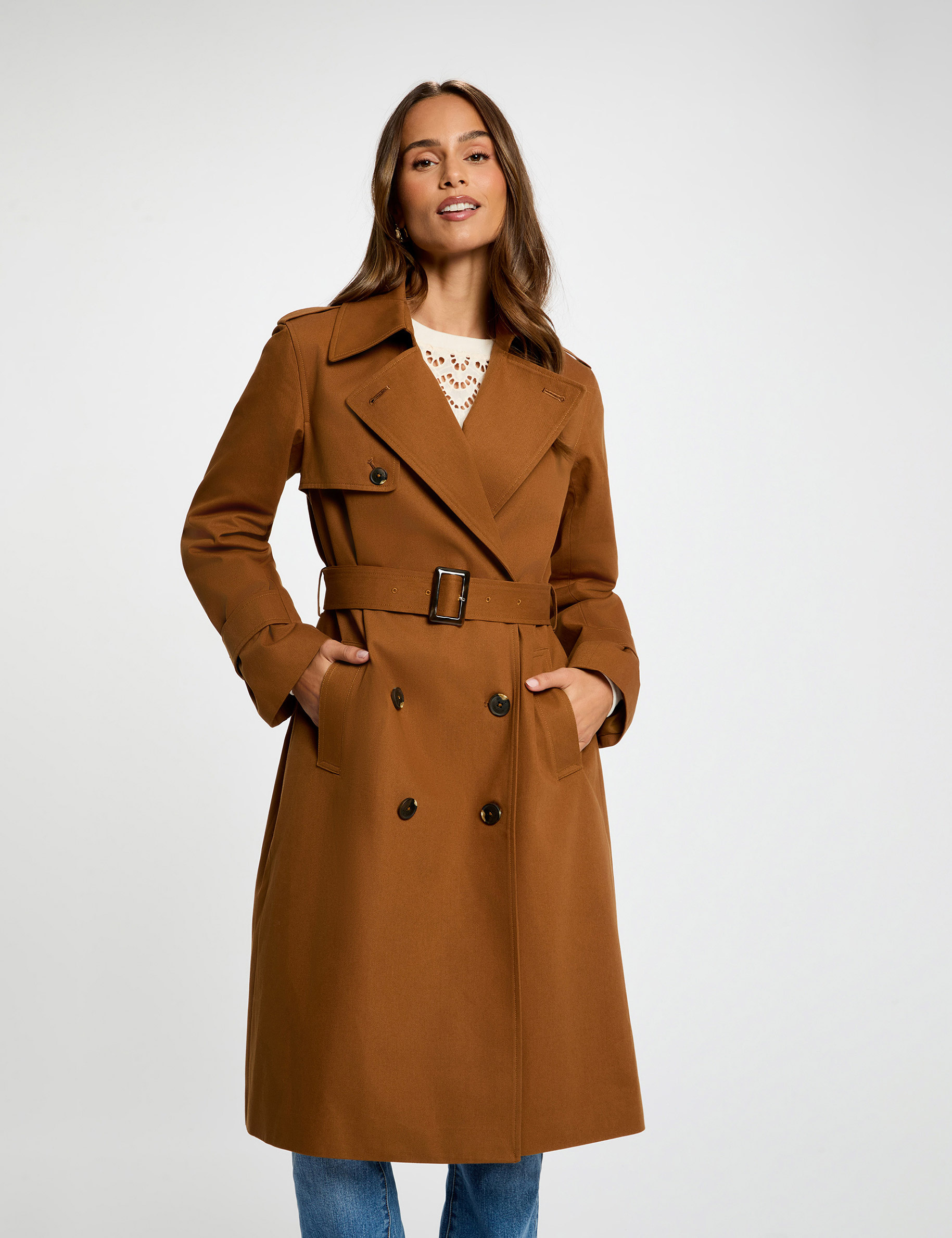 Trench long col tailleur marron cognac femme