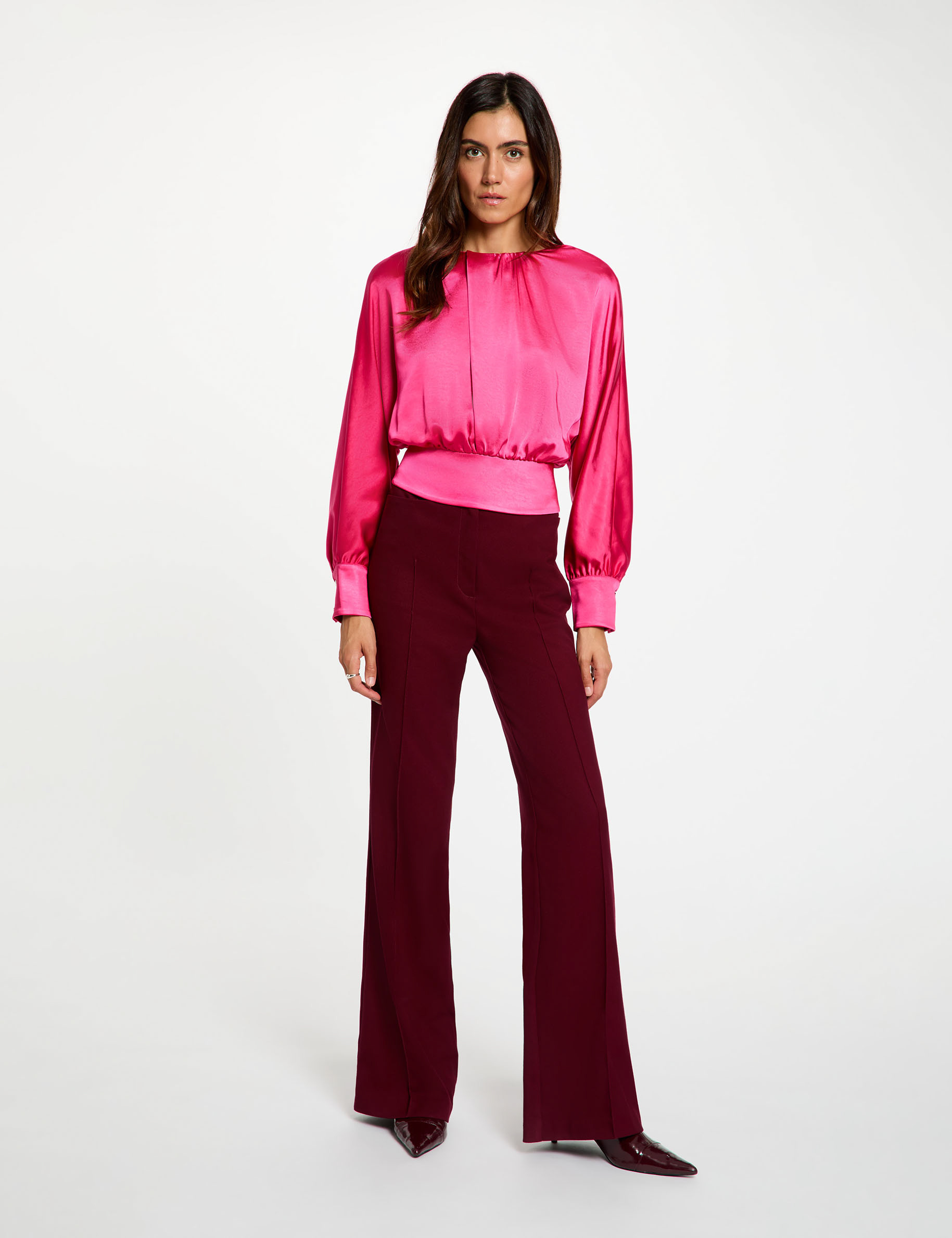 Satijnen blouse met lange mouwen felroze vrouw