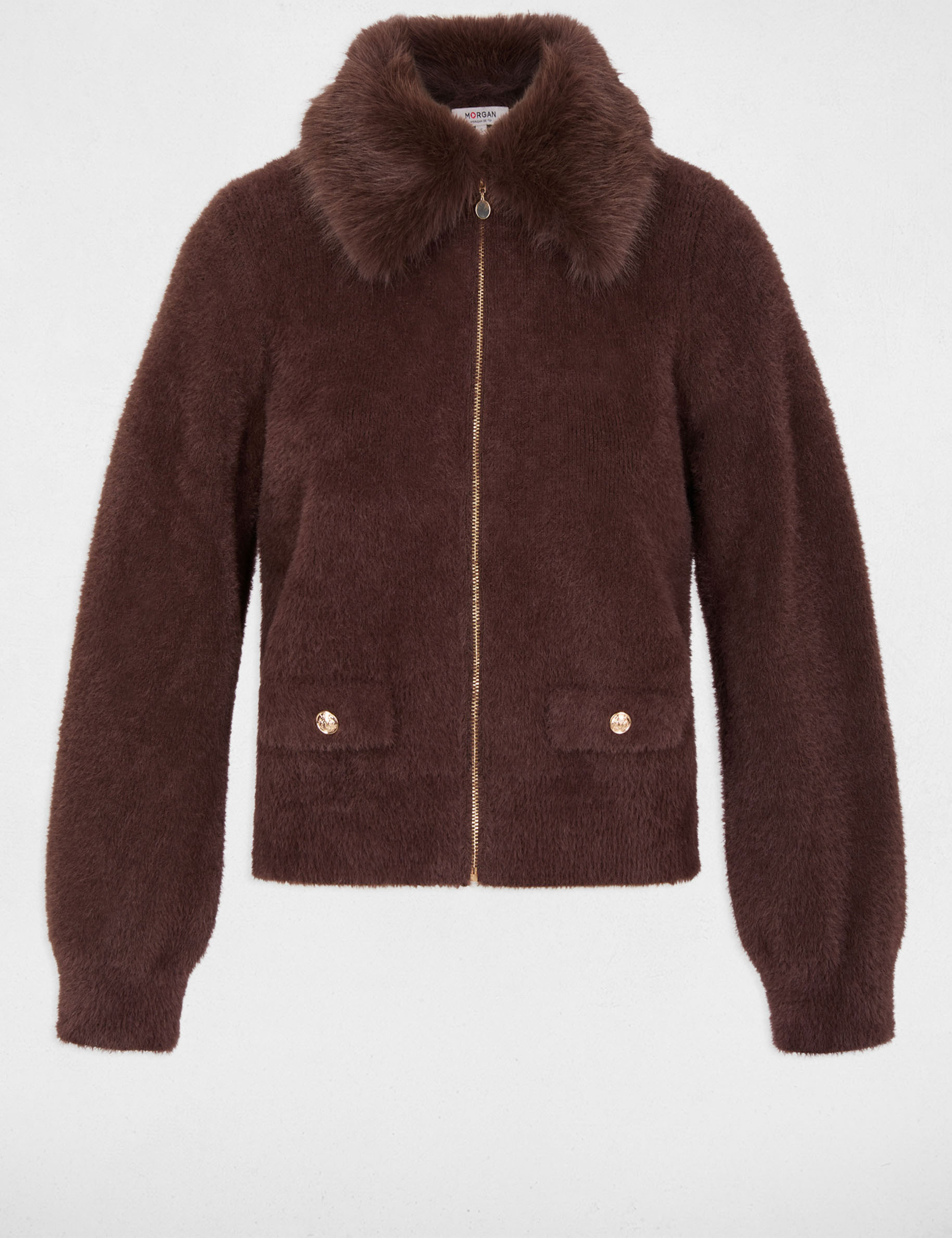 Veste avec col en fourrure marron fonc&eacute; femme