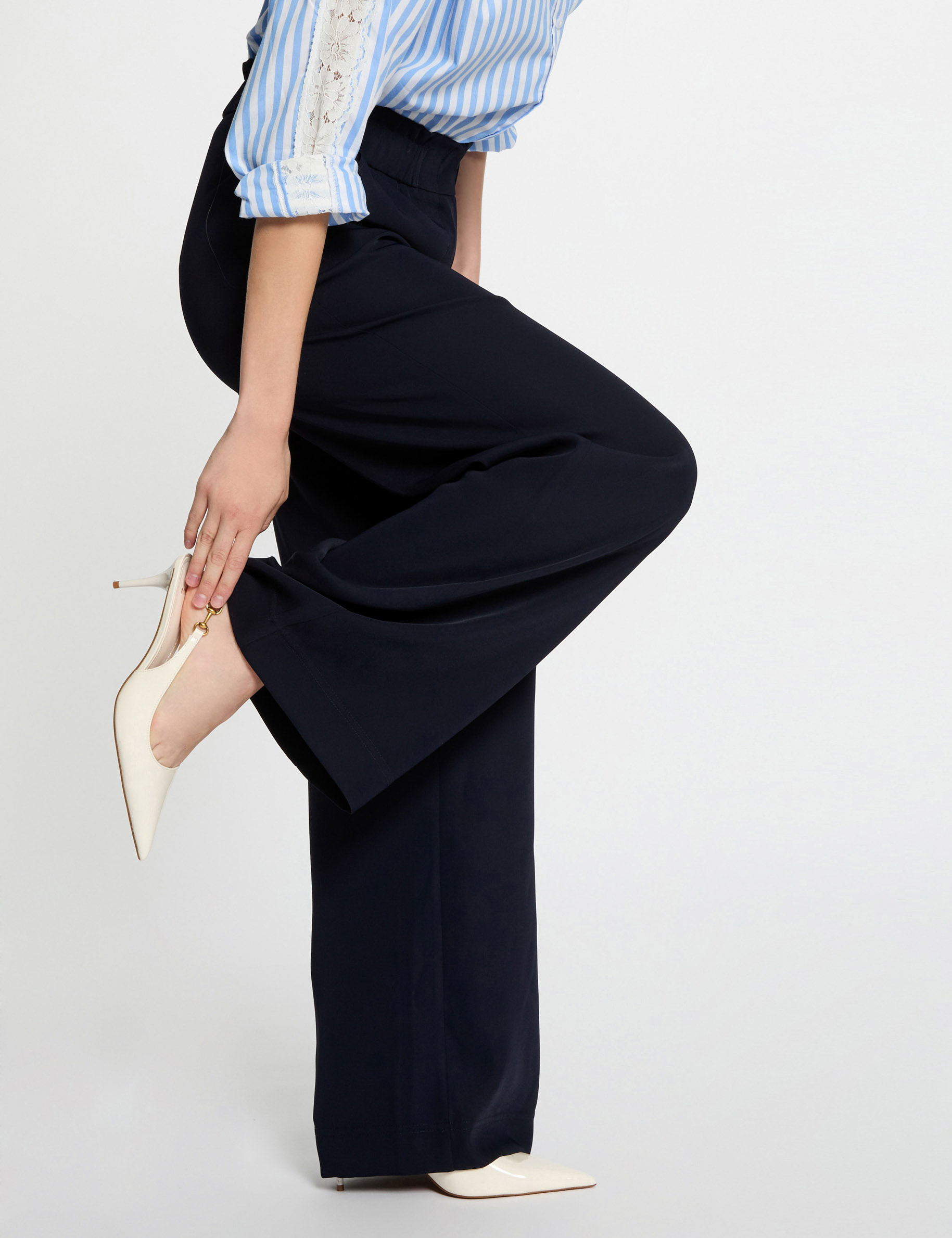 pantalon large a fronces bleu marine femme Pantalon large à fronces bleu marine femme