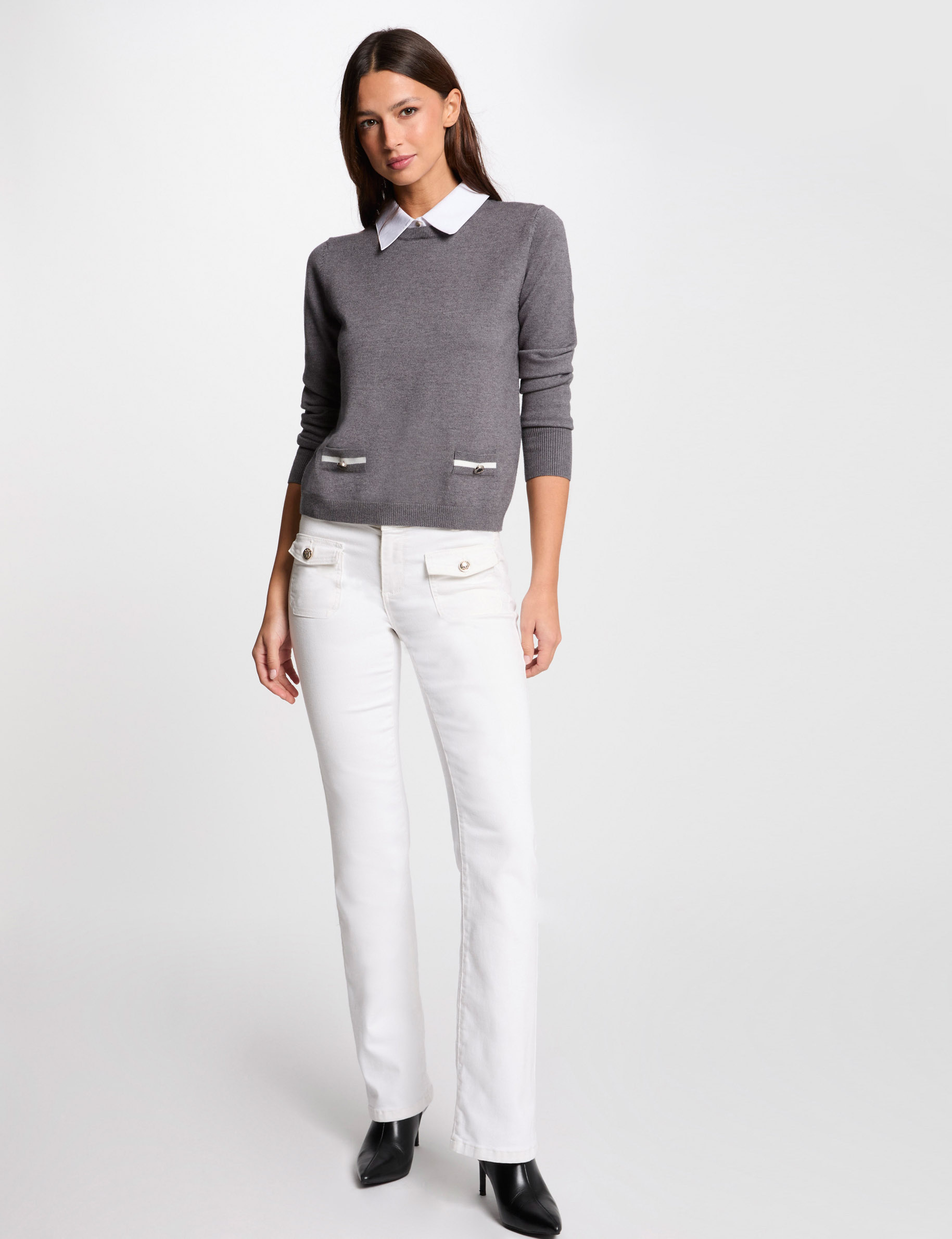 pull col chemise gris clair femme Pull col chemise gris clair femme