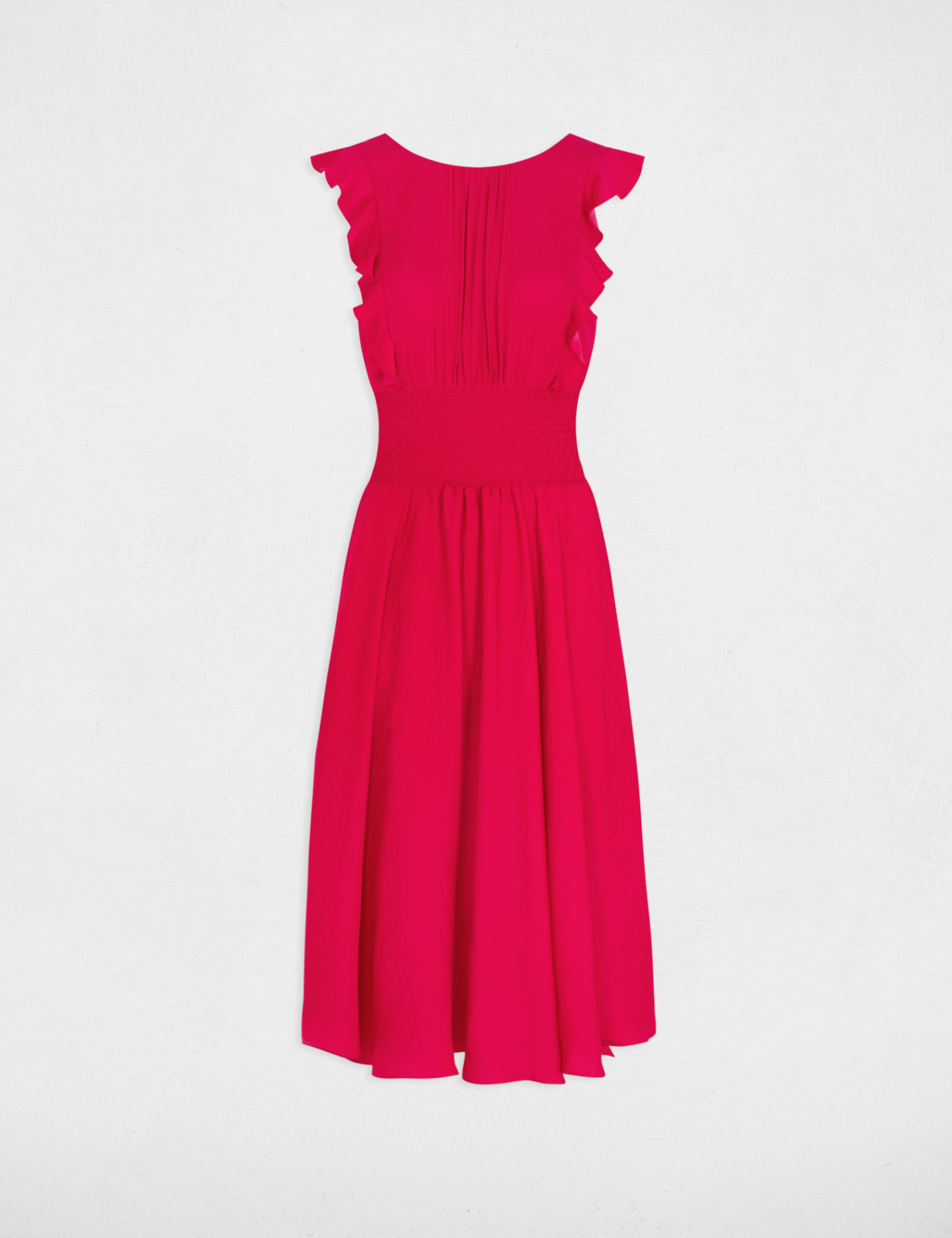 robe longue evasee a taille smockee framboise femme Robe longue évasée à taille smockée framboise femme