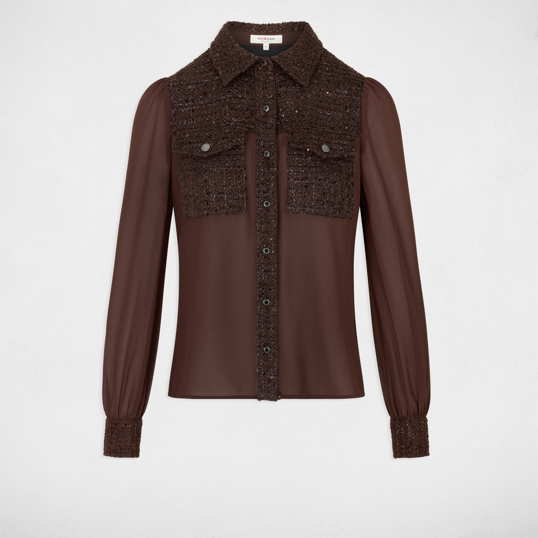 Tweed overhemd met reverskraag donker bruin vrouw