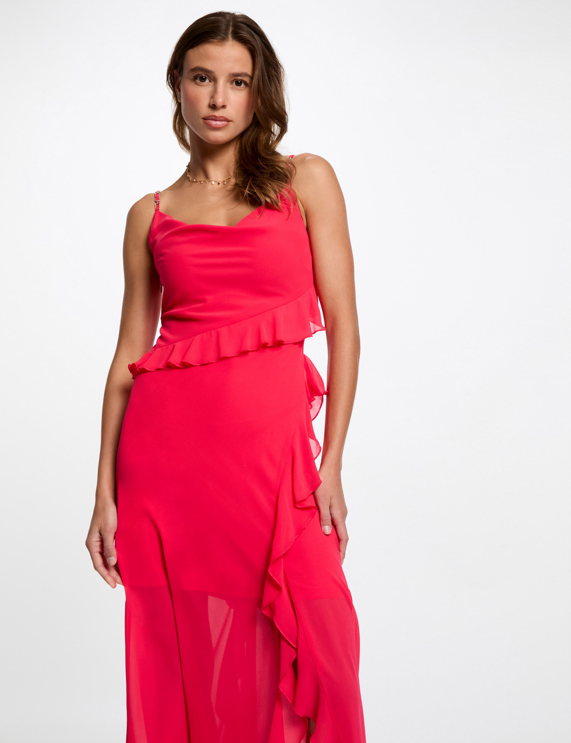aansluitende midi jurk met ruches fuchsia roze vrouw Aansluitende midi-jurk met ruches fuchsia roze vrouw