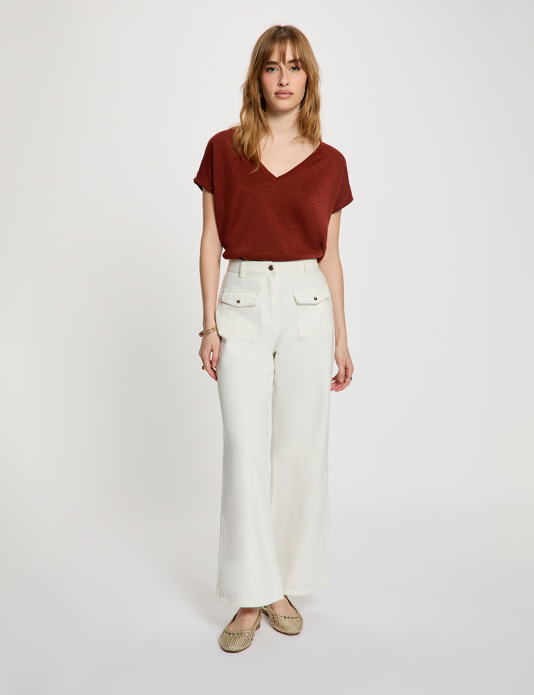 Oversized trui met V-hals cognacbruin vrouw