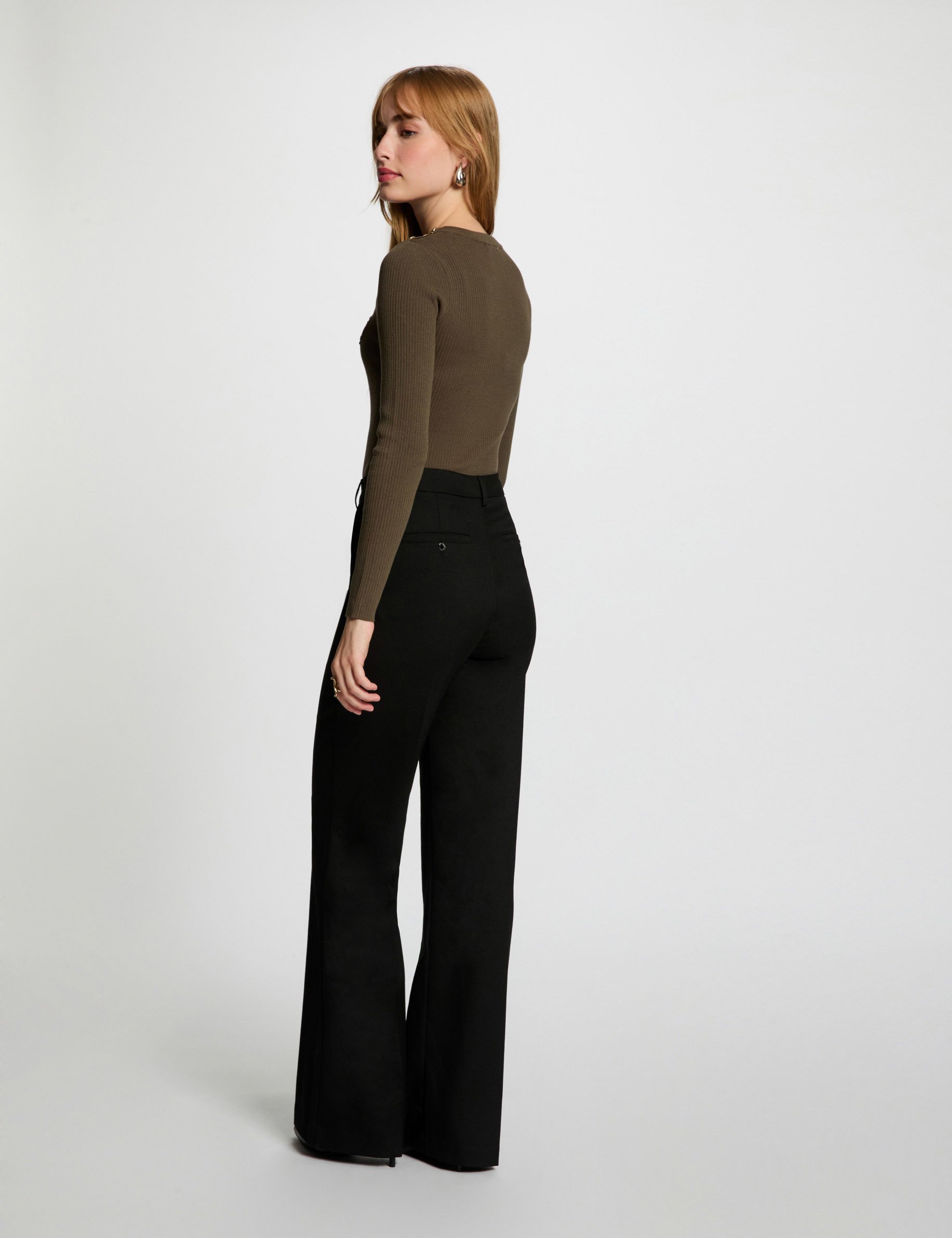 Pull col rond côtelé vert kaki femme