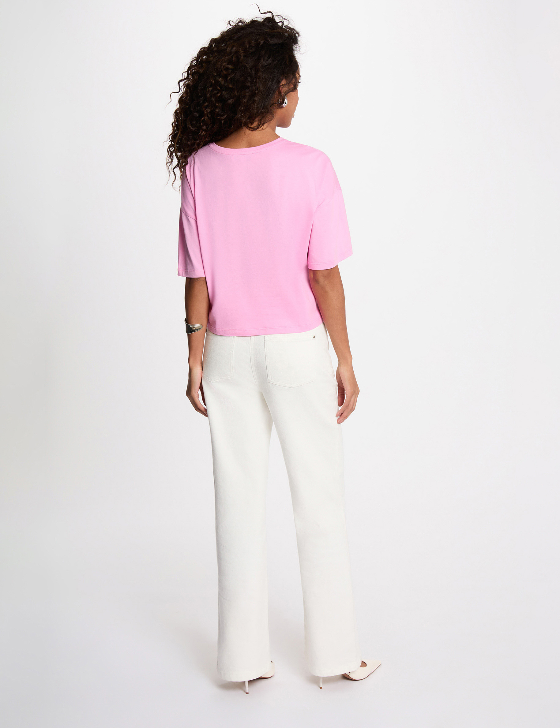 T-shirt cropped imprim&eacute; rose femme