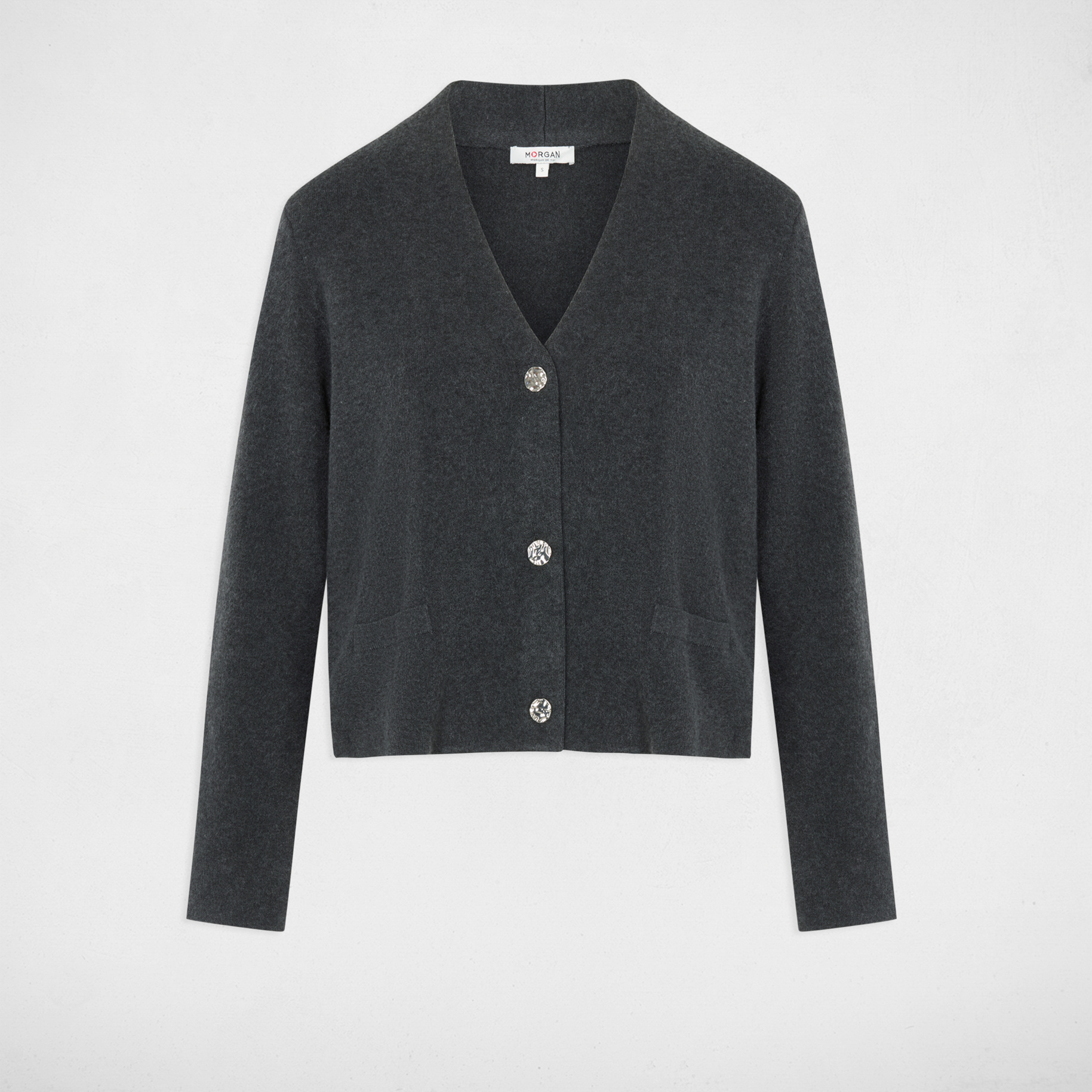 Gilet tricot col v gris fonc&eacute; femme