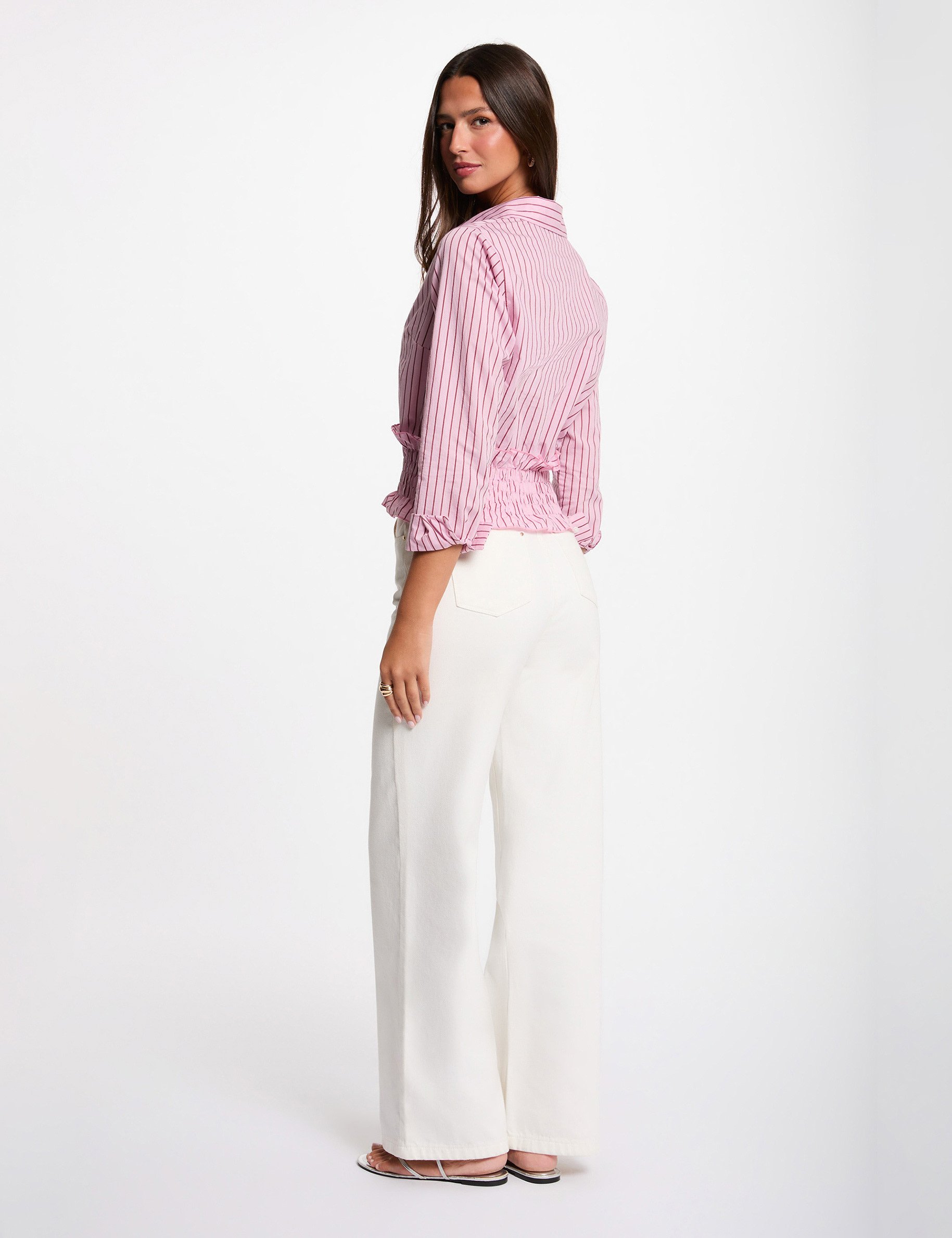 Chemise ray&eacute;e col &agrave; revers rose femme