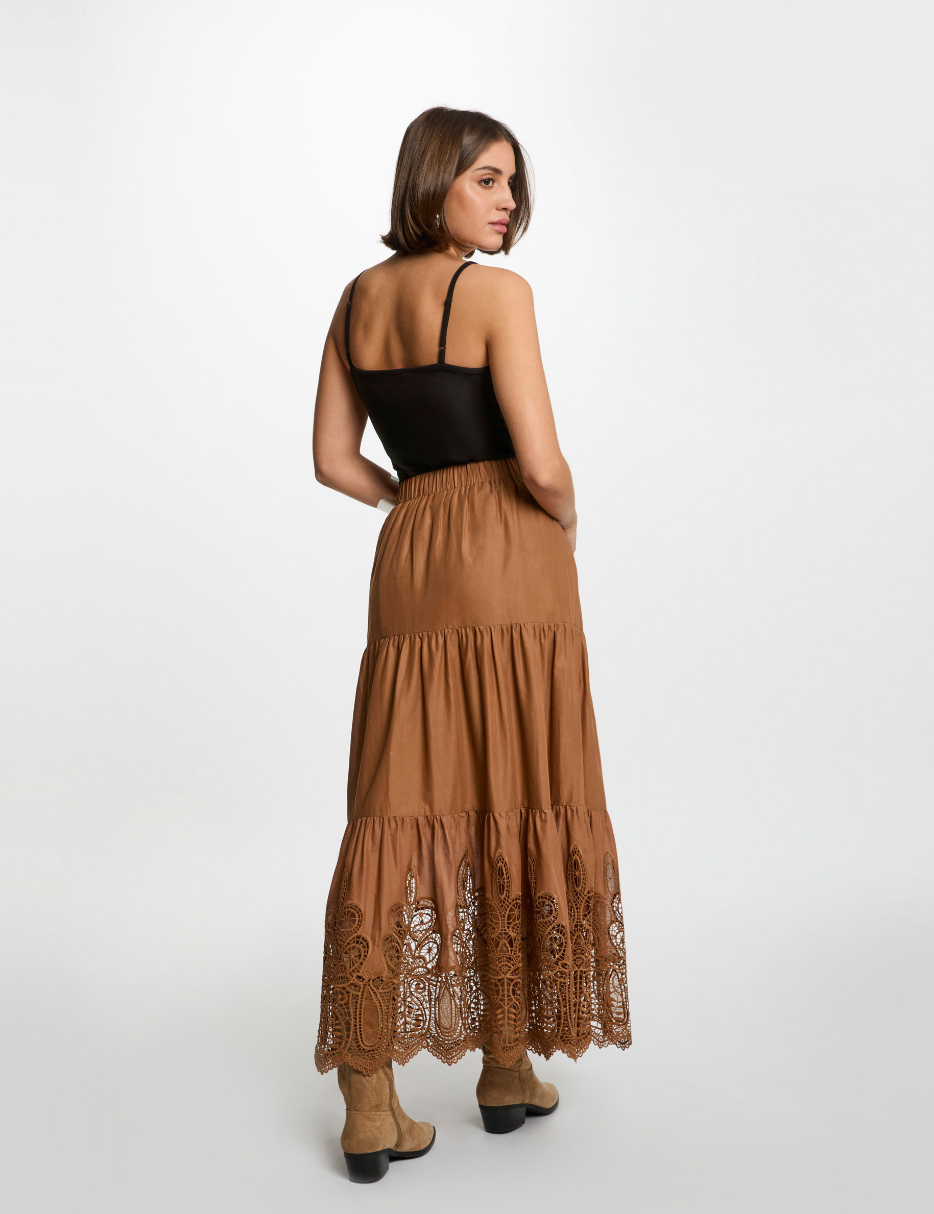 lange rok met kanten details cognacbruin vrouw Lange rok met kanten details cognacbruin vrouw