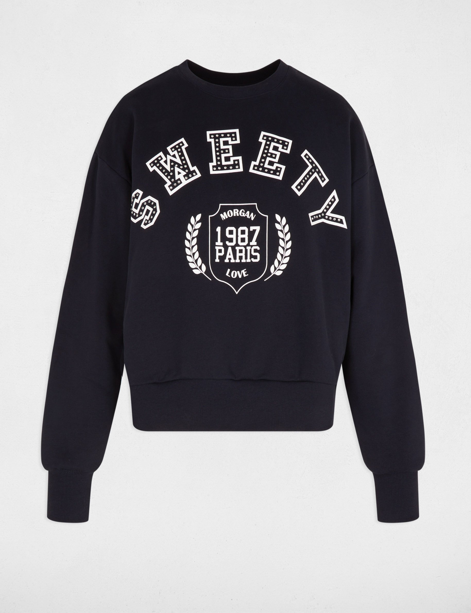 Bedrukte sweater met ronde hals marineblauw vrouw