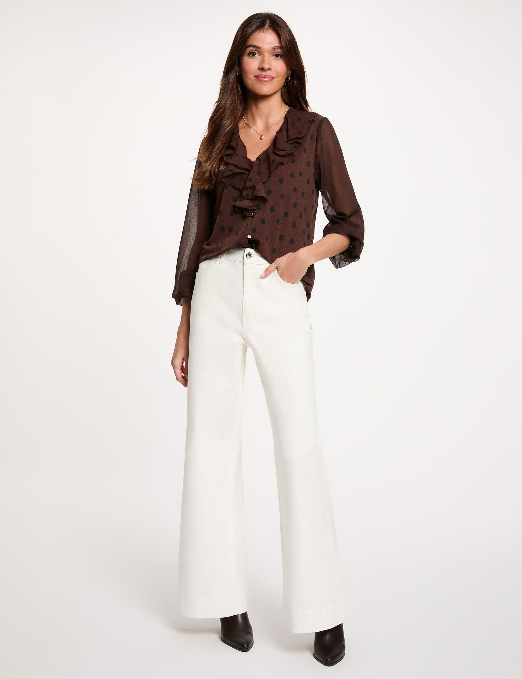 V-hals blouse van voile donker bruin vrouw