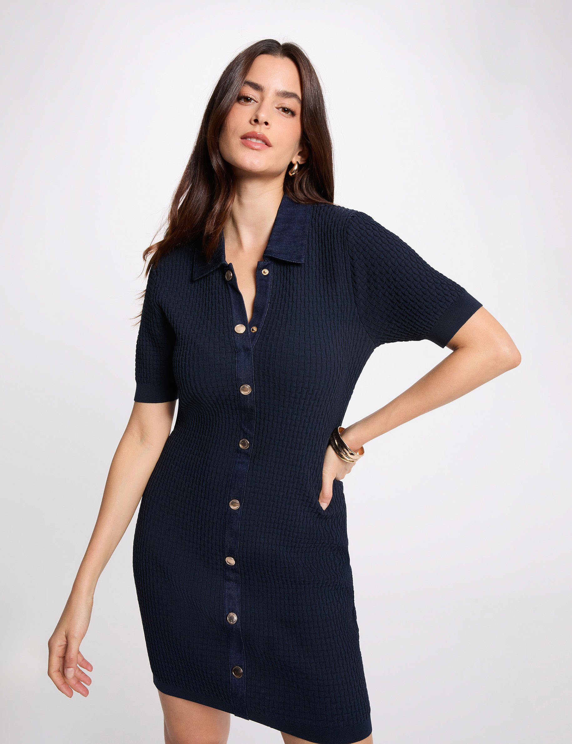 Robe tricot courte cintr&eacute;e bleu marine femme