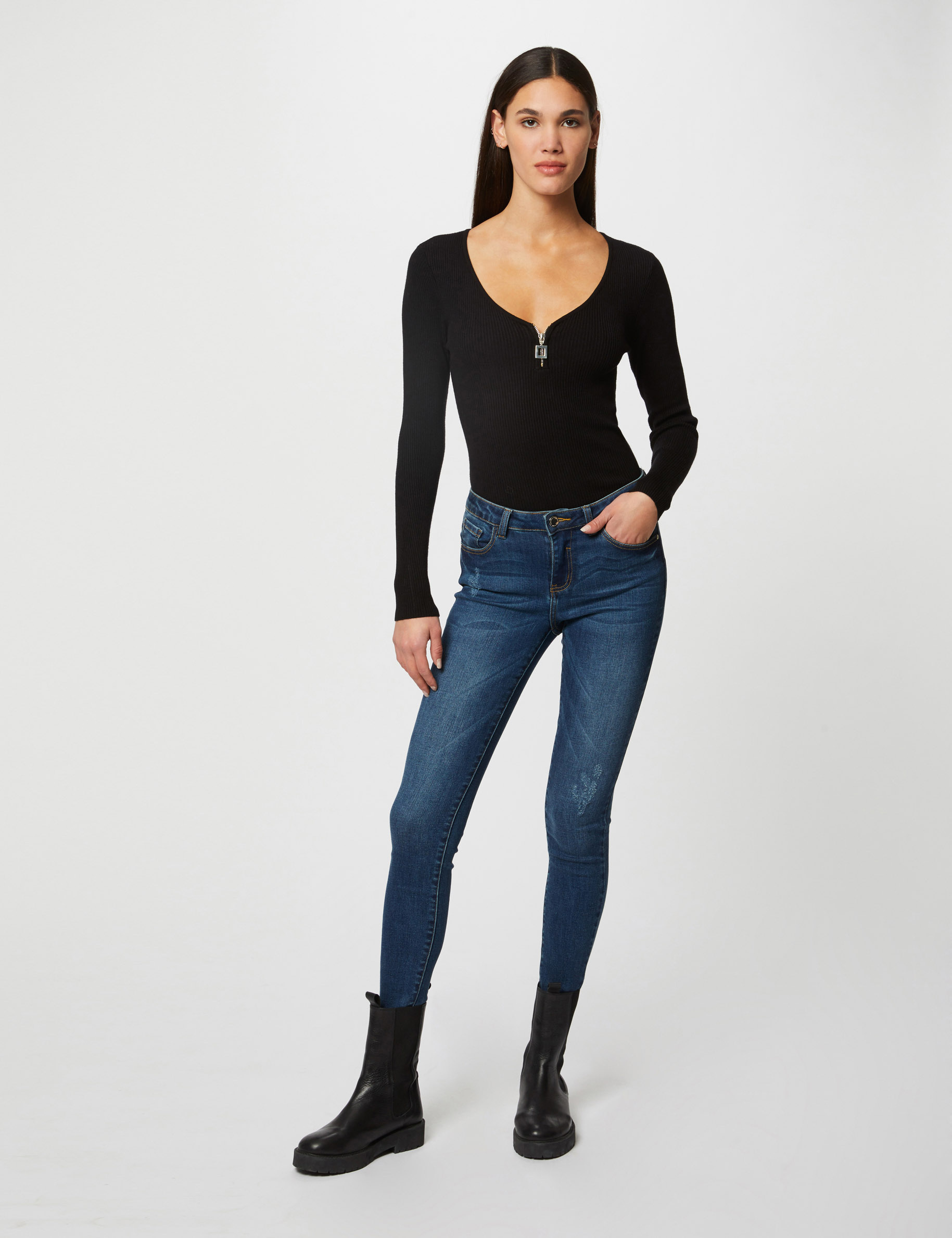 Pull manches longues avec d&eacute;tail zipp&eacute; noir femme