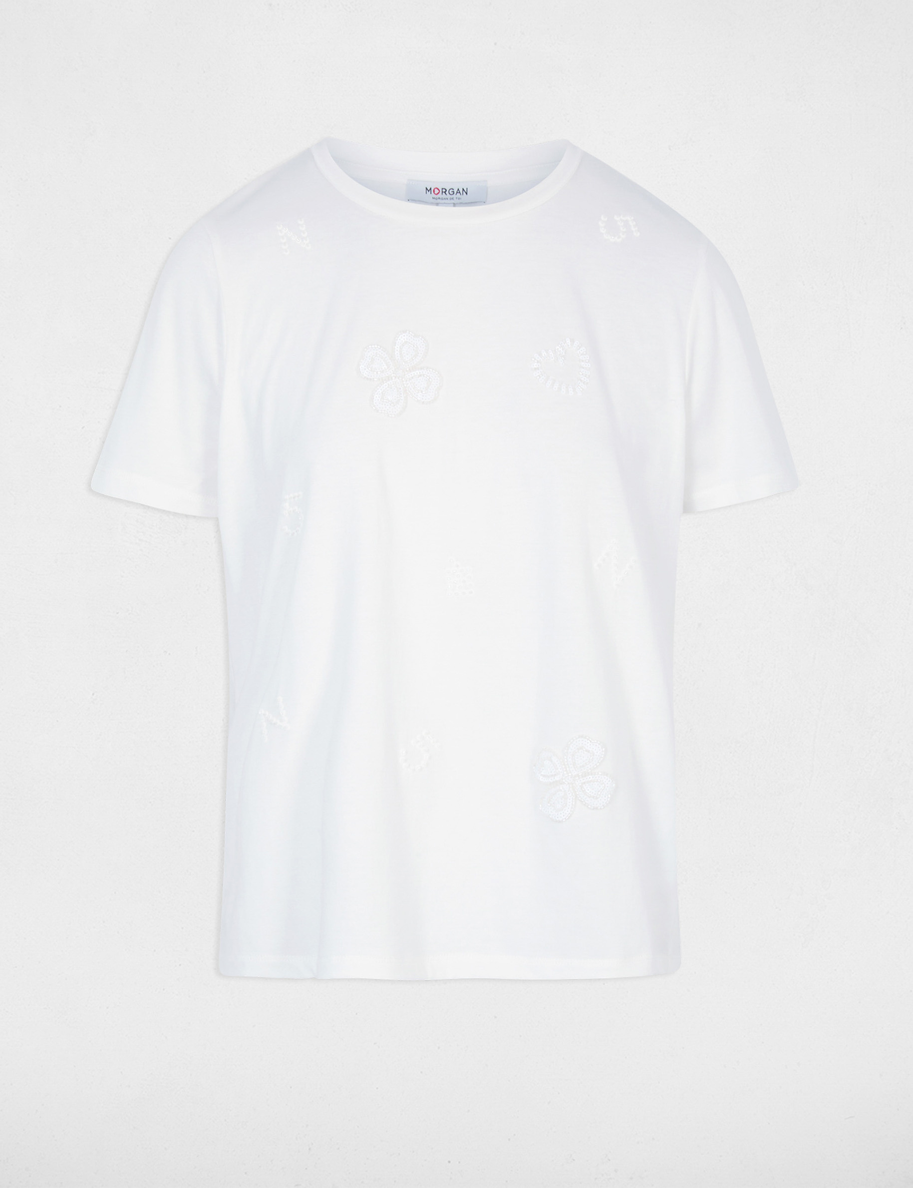 Geborduurd T-shirt met ronde hals helder wit vrouw