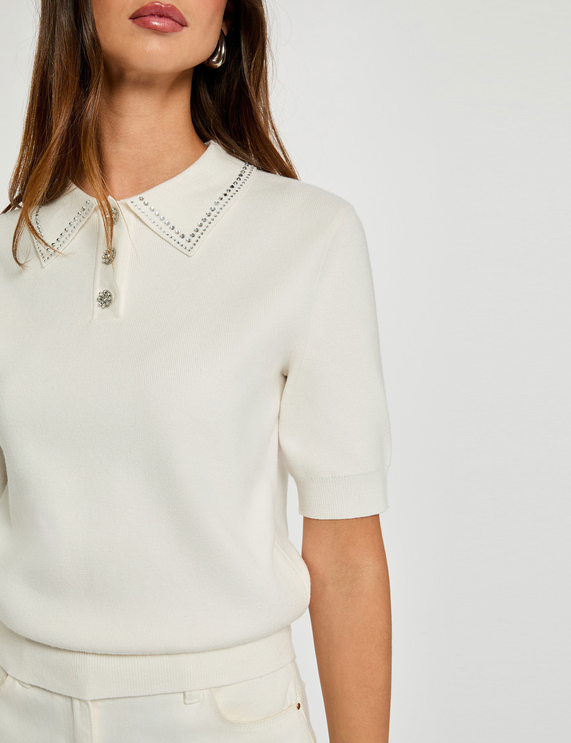 Pull ajusté col polo ecru femme