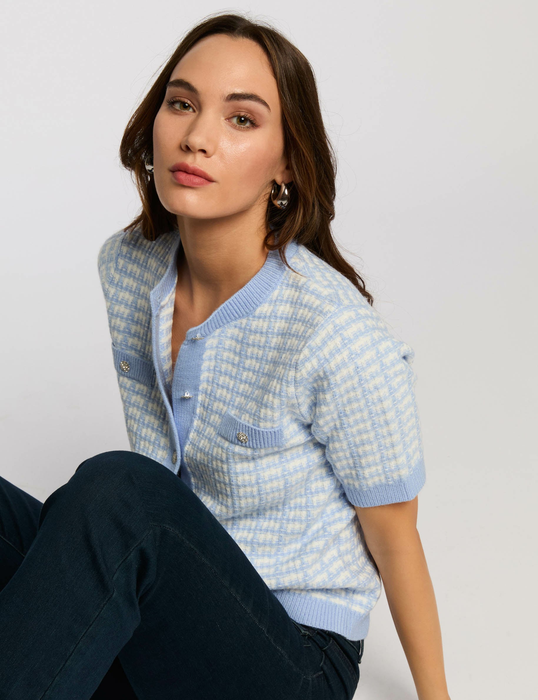 Gilet manches courtes imprim&eacute; bleu ciel femme