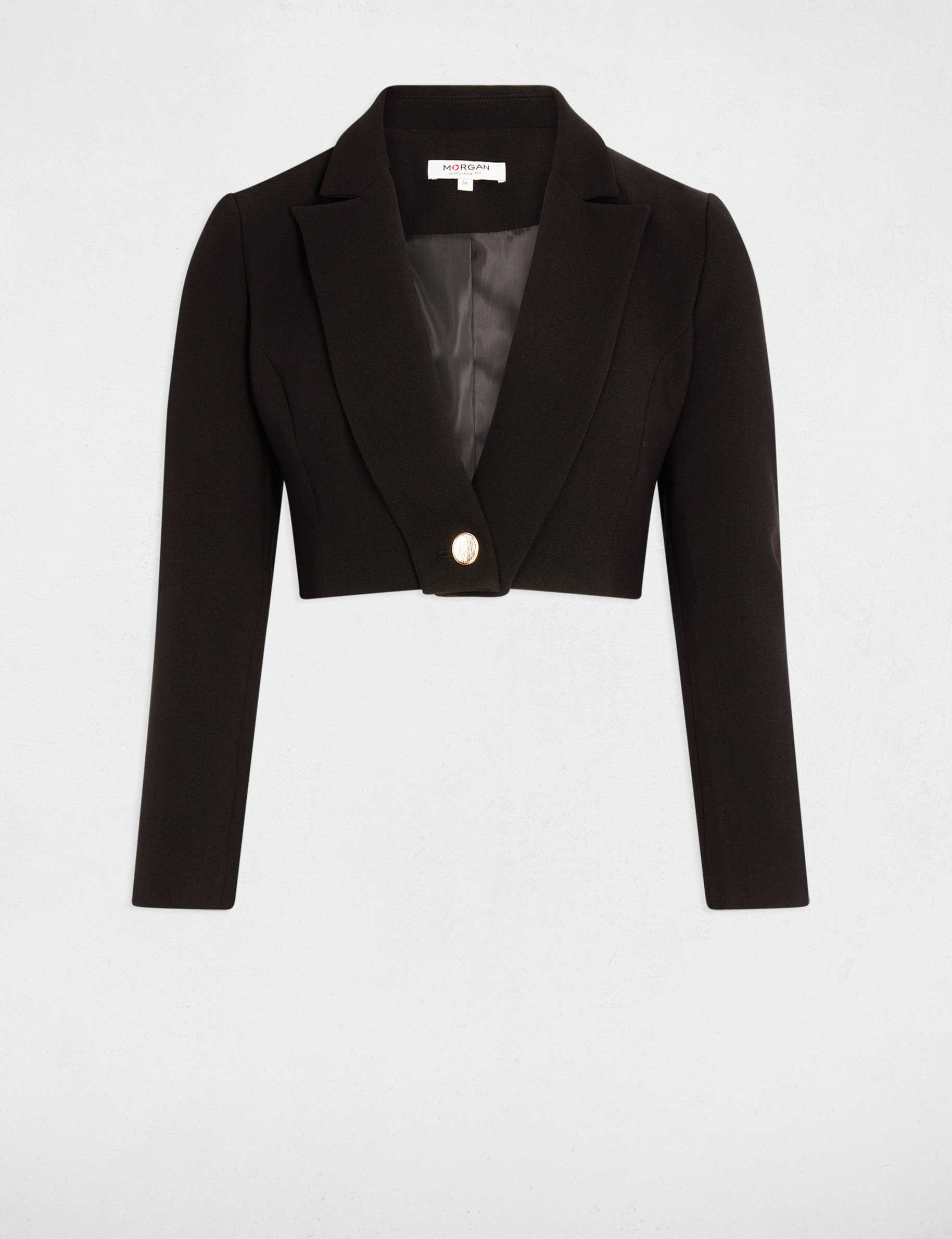 Veste courte droite col crant&eacute; &agrave; revers noir femme