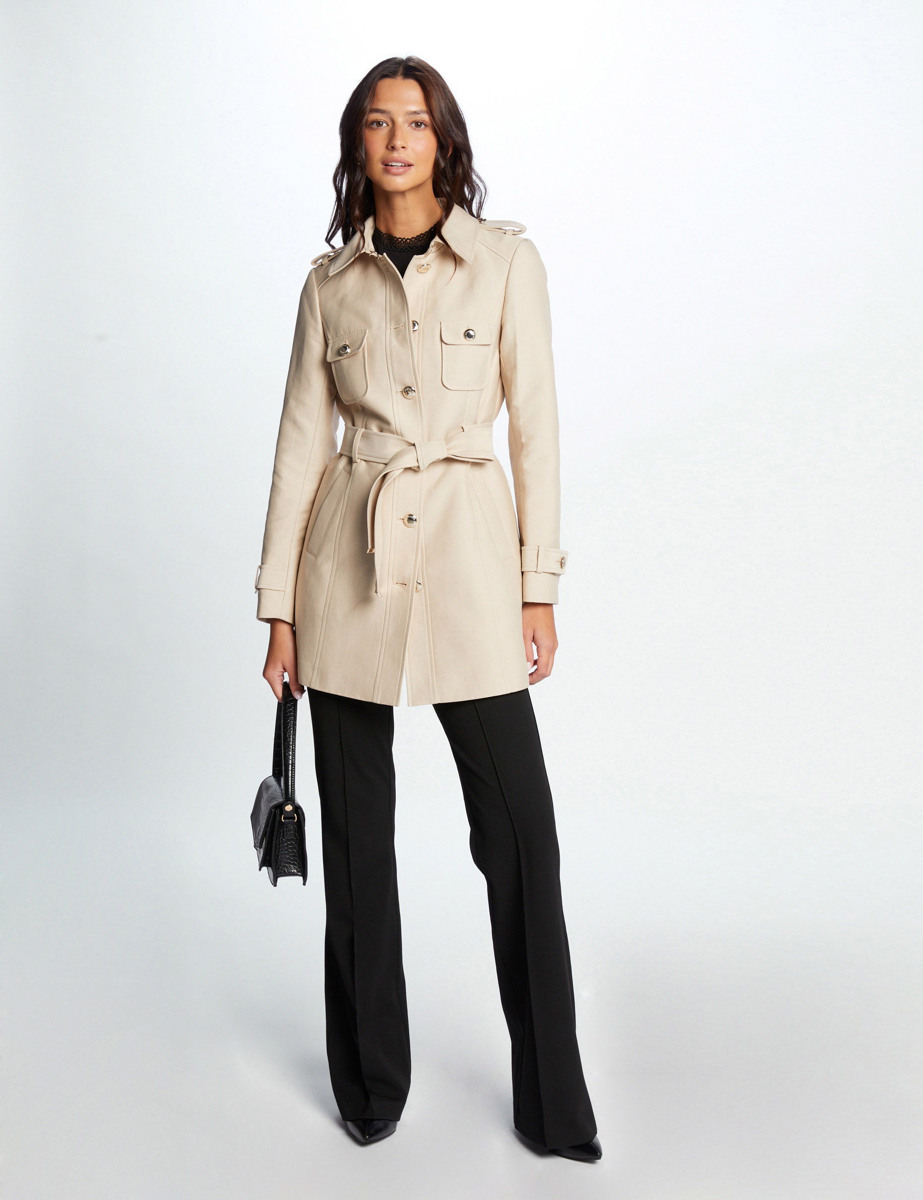 Rechte trenchcoat met riem beige vrouw