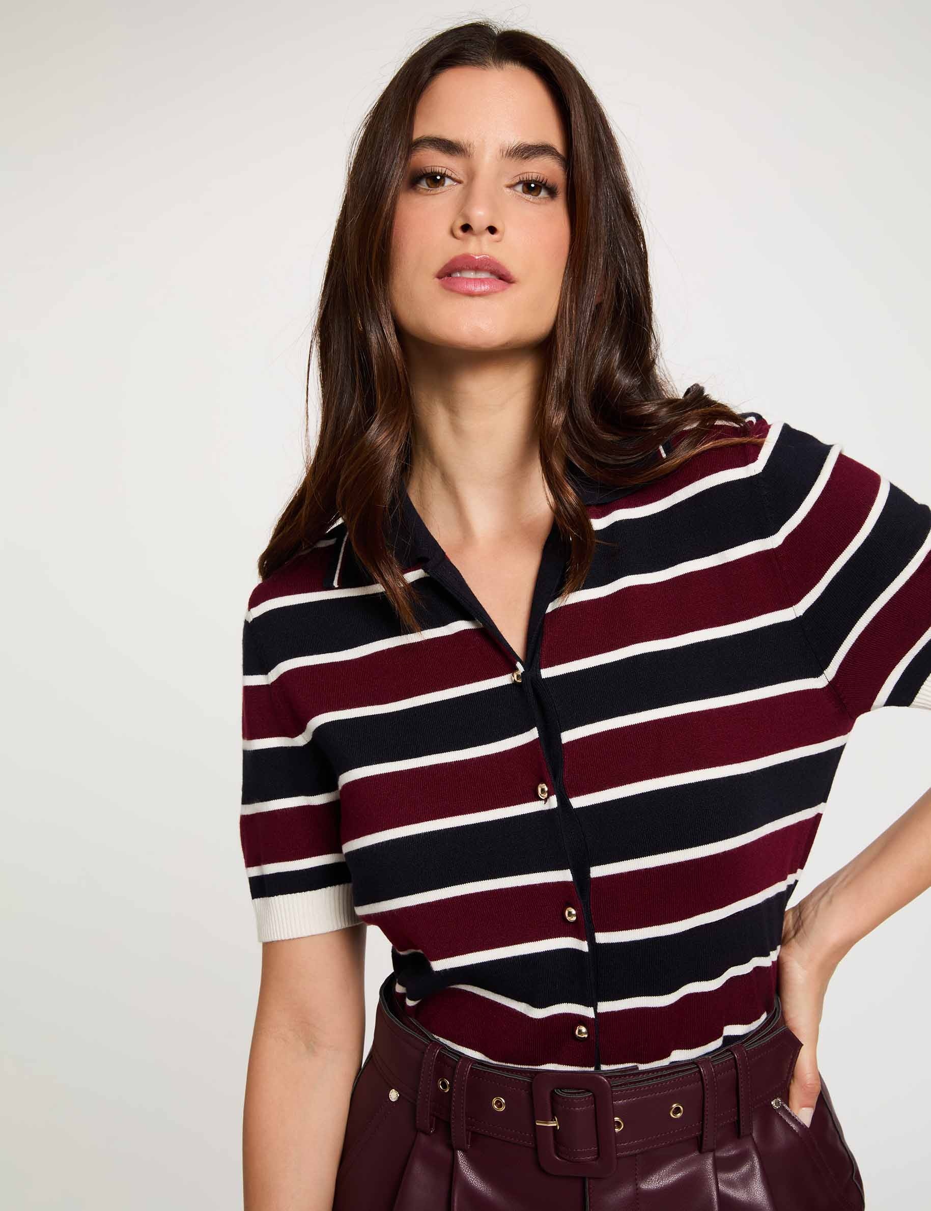Pull col polo ray&eacute; bordeaux femme