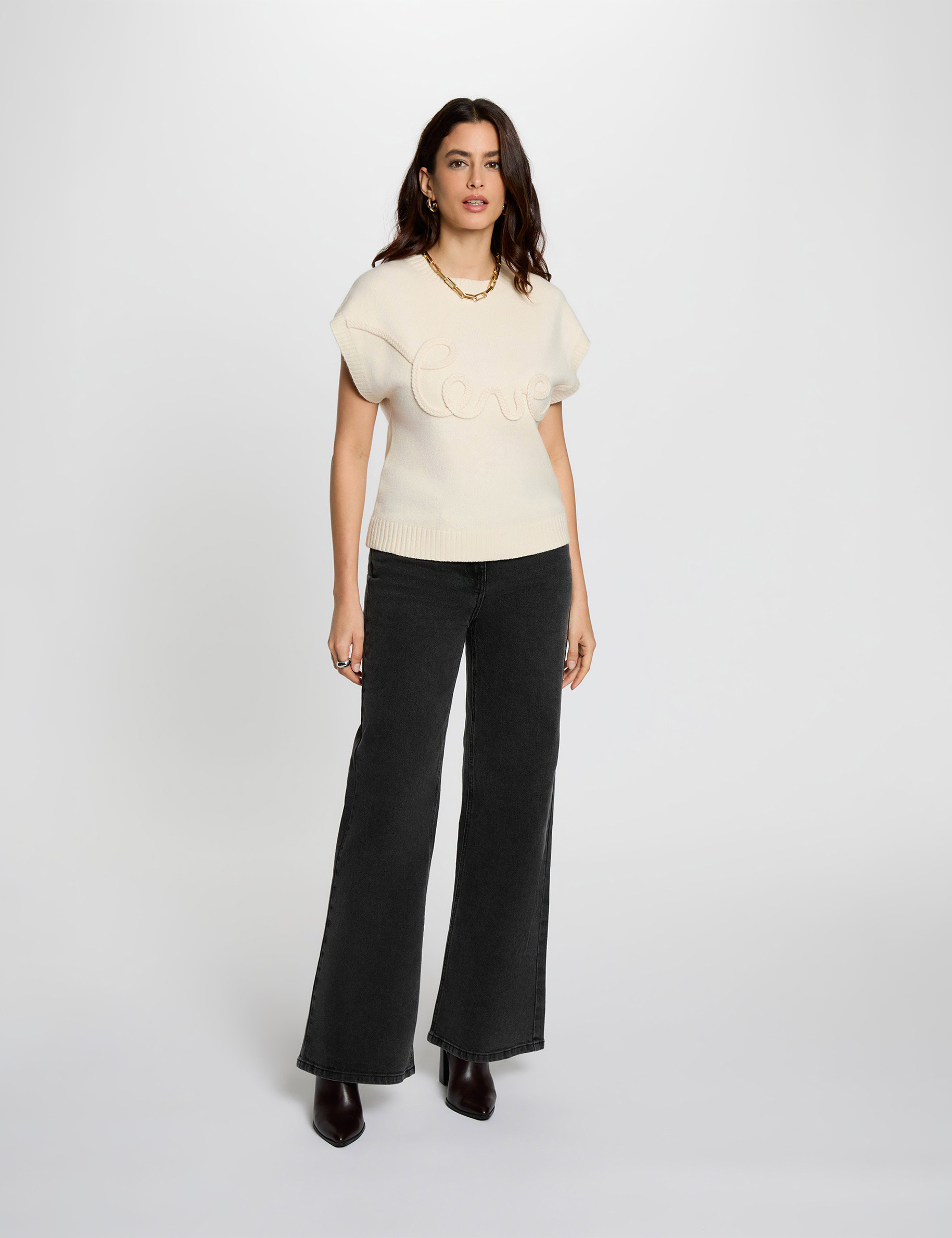 Pull col rond brod&eacute; creme femme