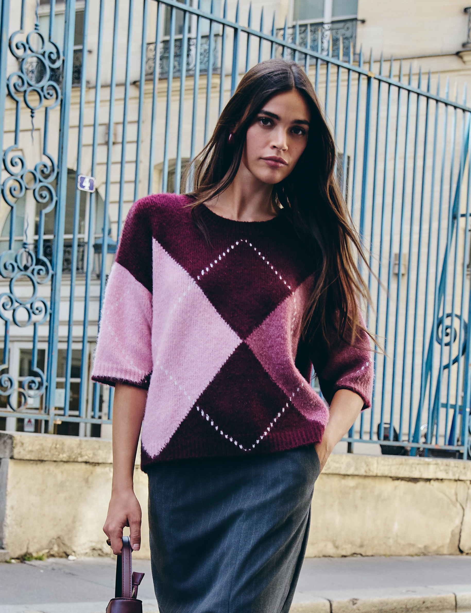 Jacquard trui met ronde hals pruim vrouw
