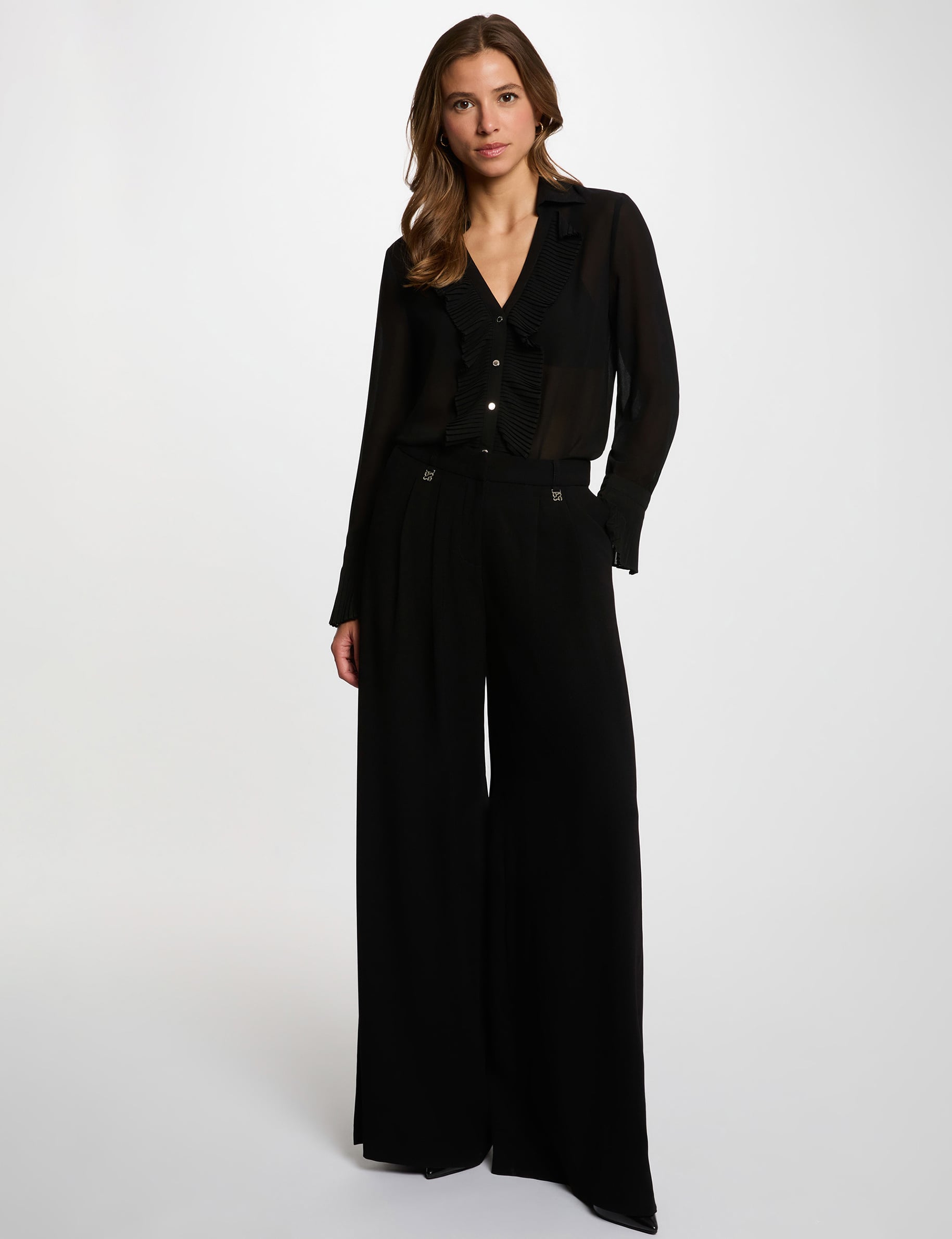 Voile blouse met reverskraag zwart vrouw