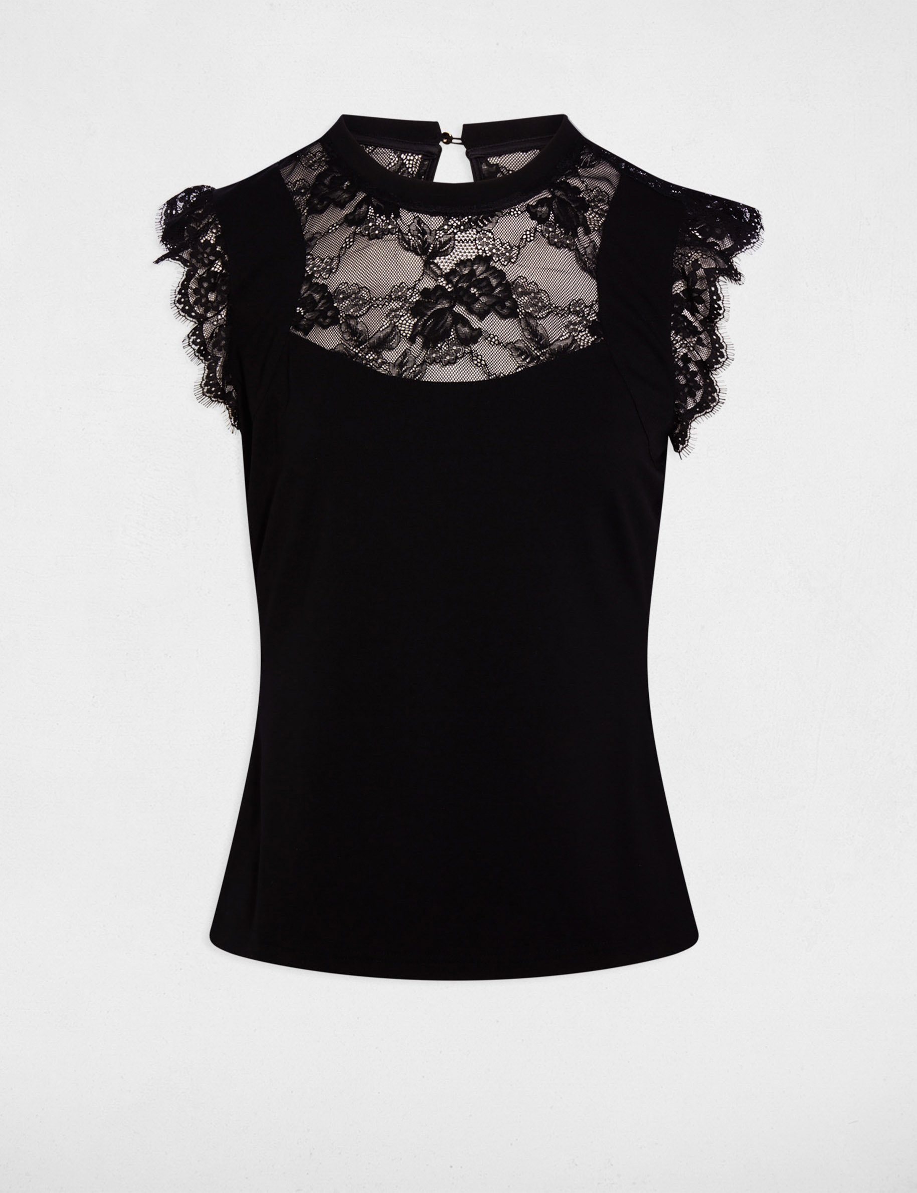 T-shirt met kanten hoge kraag zwart vrouw